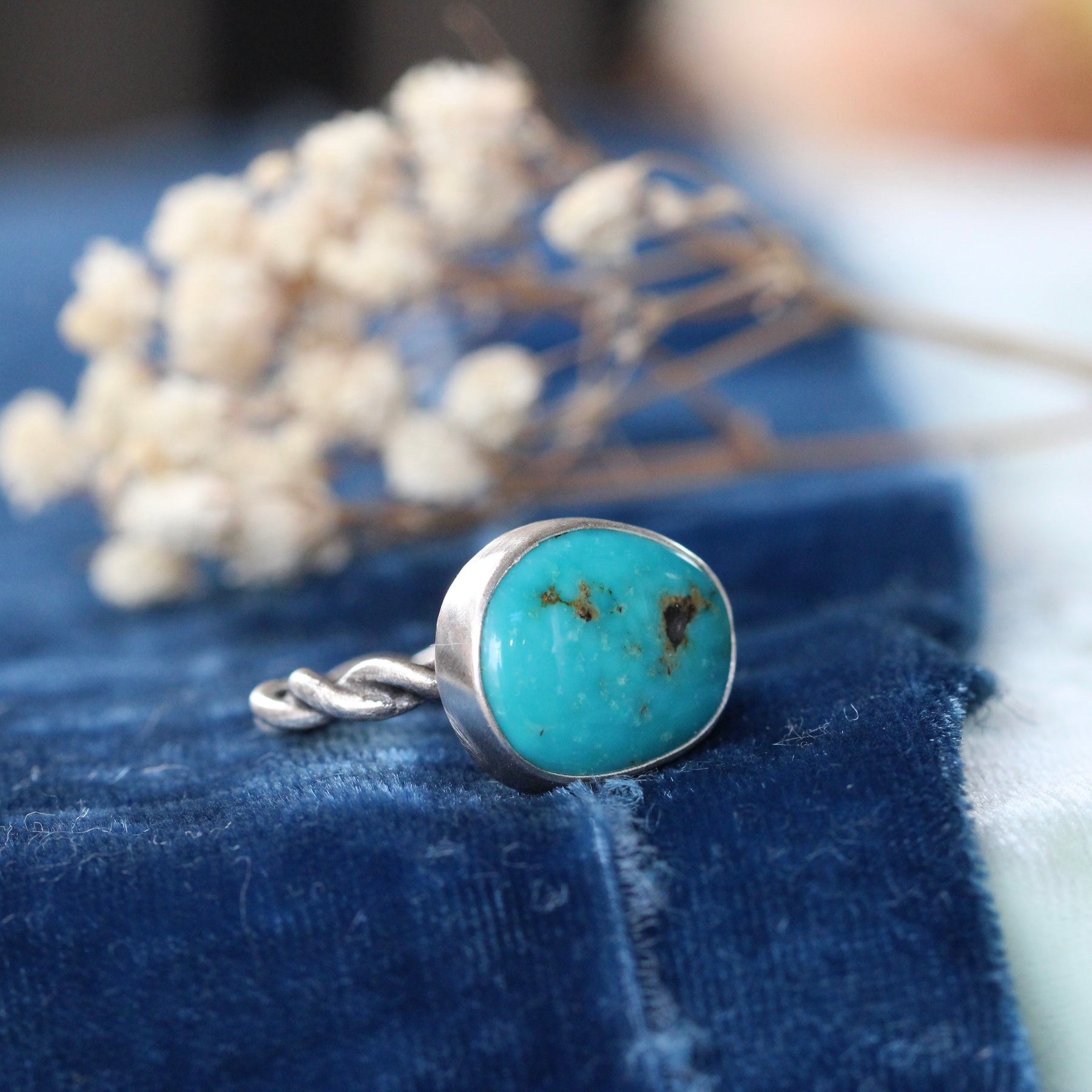 Kingman Turquoise Ring with Handcrafted Sterling Silver Woven Band