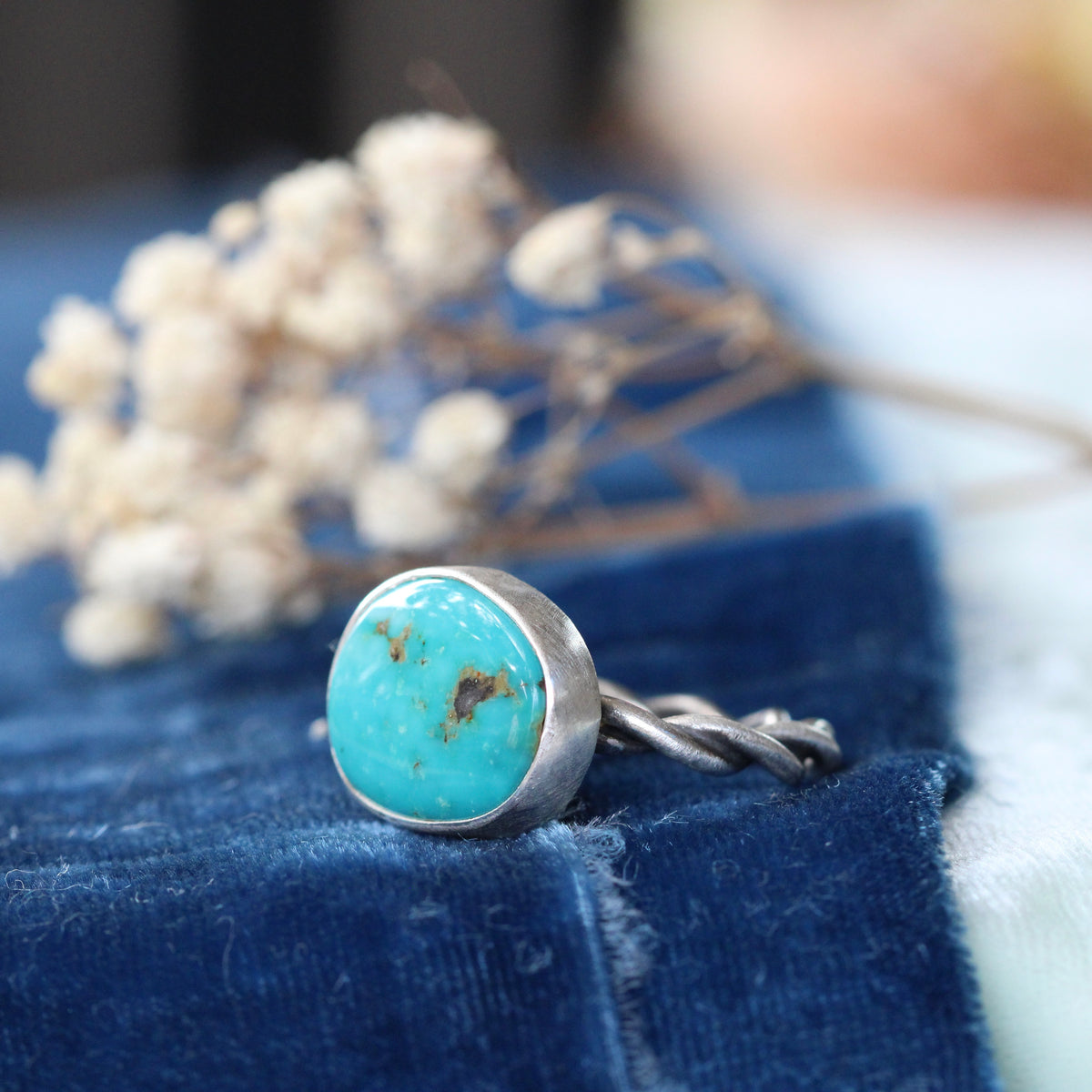 Kingman Turquoise Ring with Handcrafted Sterling Silver Woven Band
