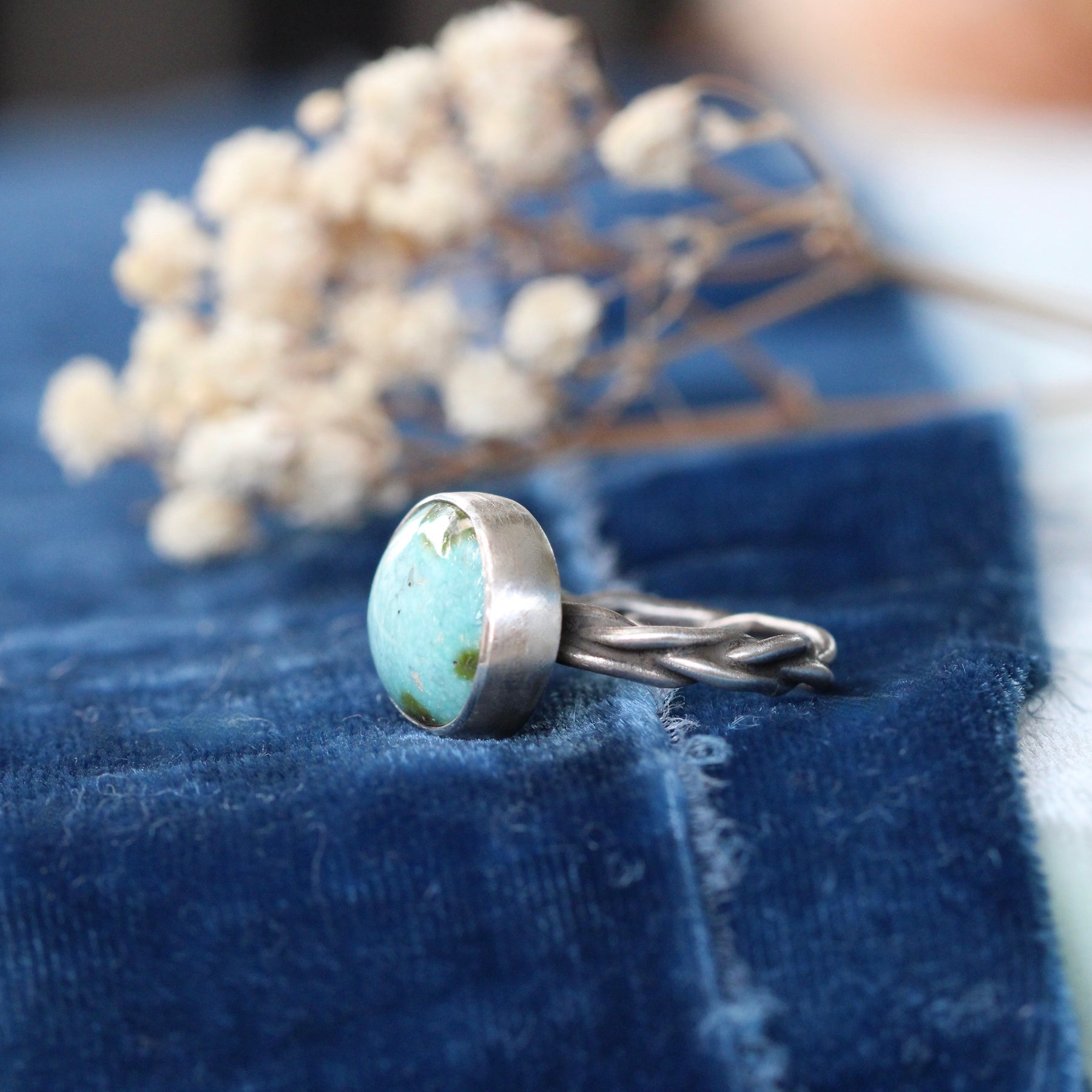 Sonoran Gold Turquoise Ring with Handcrafted Sterling Silver Woven Band