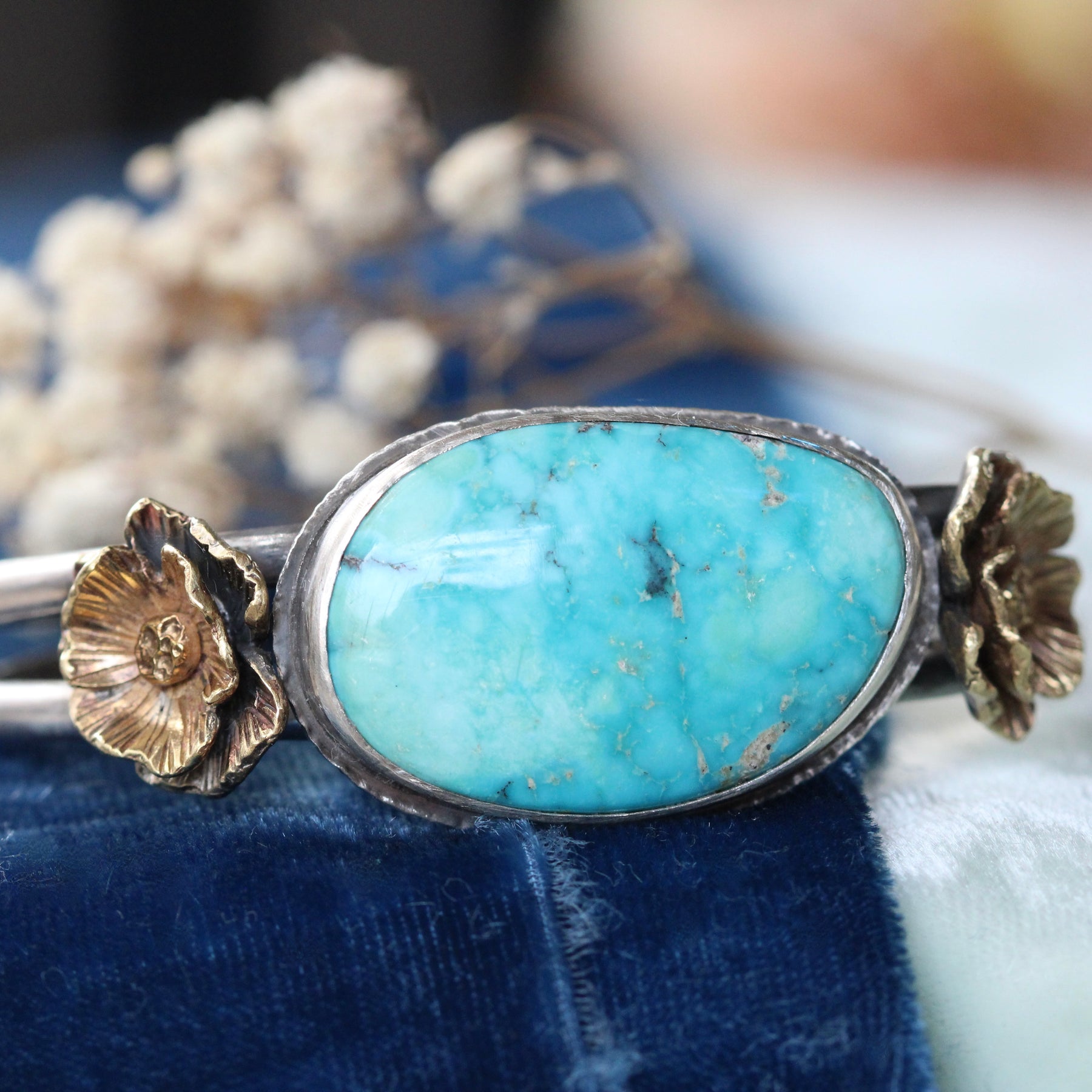 Blue Gem Turquoise Cuff Bracelet with Bronze Poppies | Handcrafted Sterling Silver