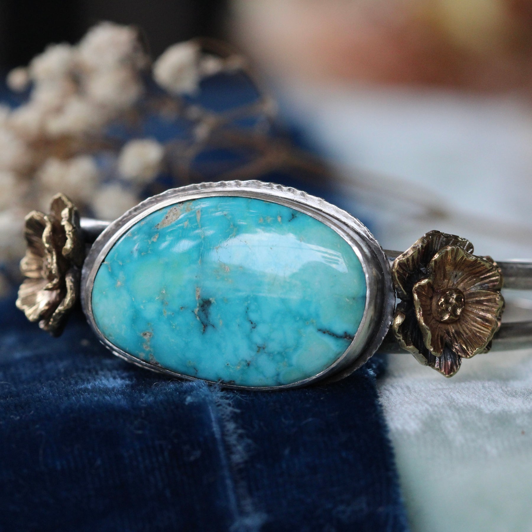 Blue Gem Turquoise Cuff Bracelet with Bronze Poppies | Handcrafted Sterling Silver