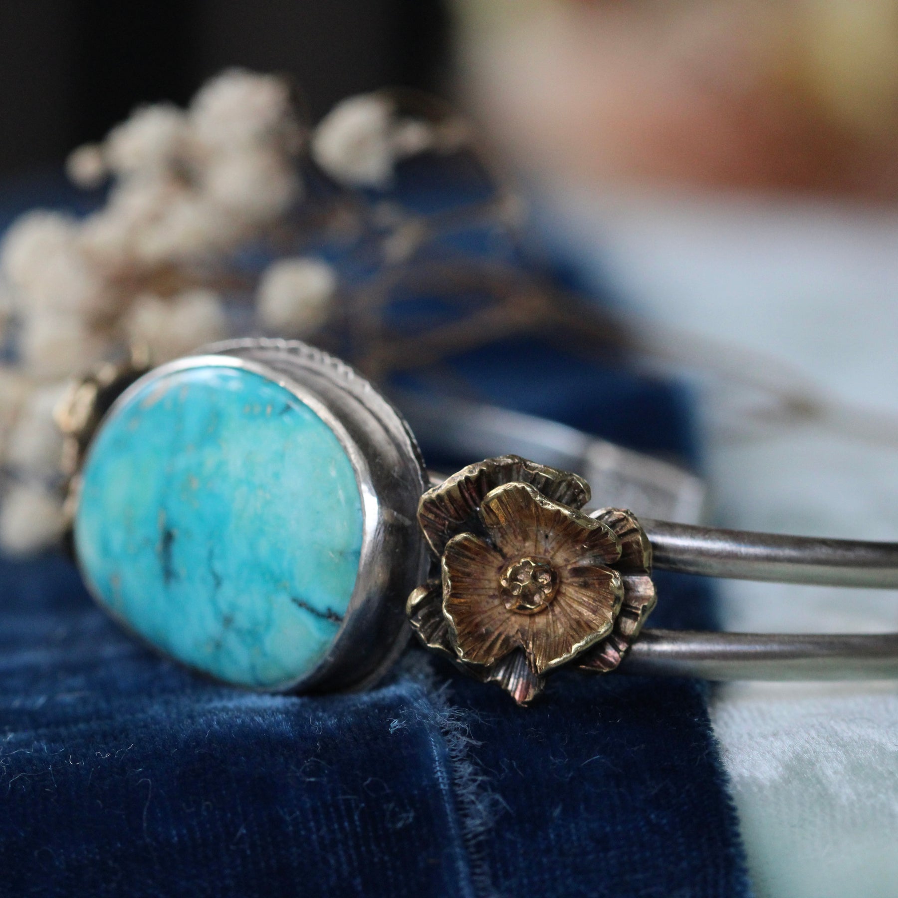 Blue Gem Turquoise Cuff Bracelet with Bronze Poppies | Handcrafted Sterling Silver