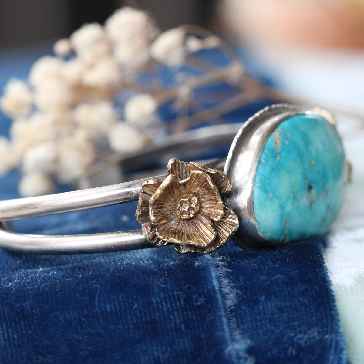 Blue Gem Turquoise Cuff Bracelet with Bronze Poppies | Handcrafted Sterling Silver