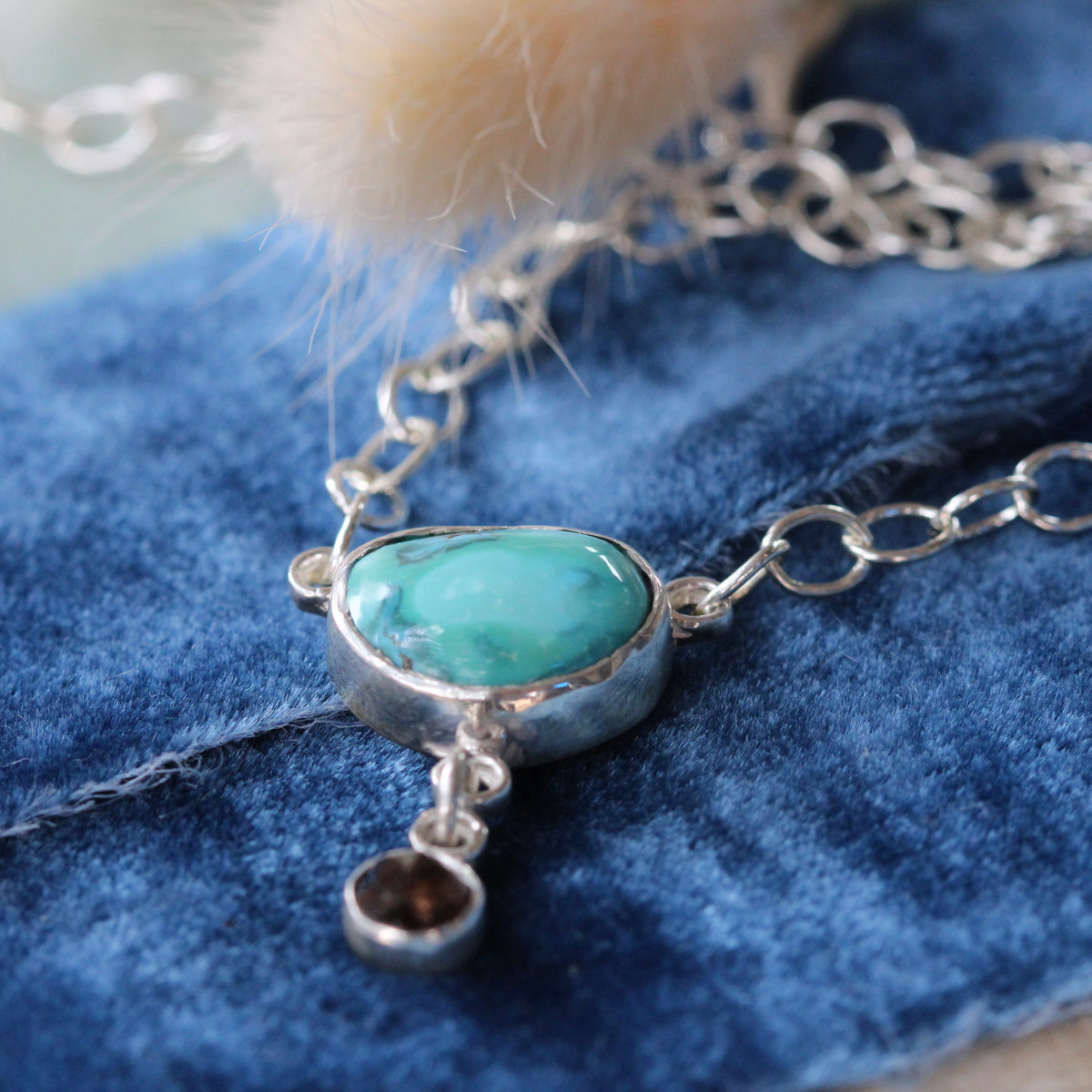 One-of-a-Kind Turquoise & Rose Cut Diamond Pendant Sterling Silver with Heart Clasp