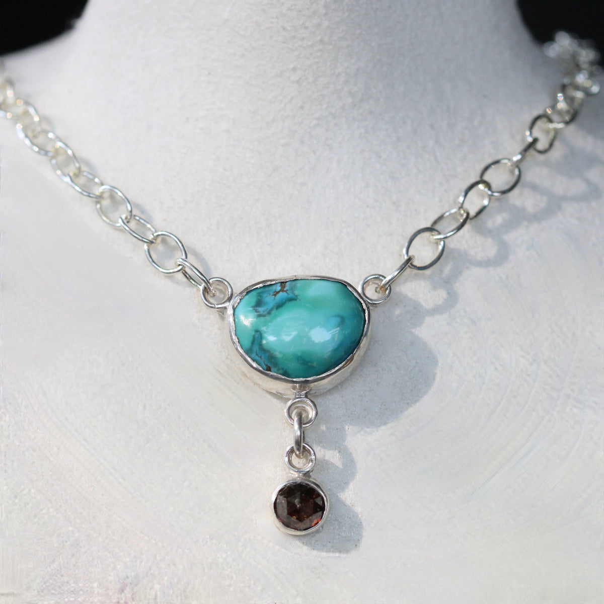 One-of-a-Kind Turquoise & Rose Cut Diamond Pendant Sterling Silver with Heart Clasp