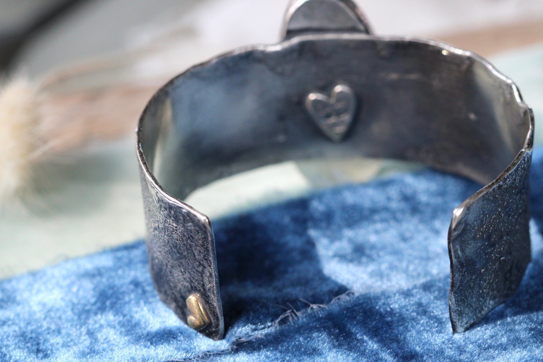 Royston Ribbon Turquoise Cuff Bracelet Reticulated Sterling Silver with Sculpted Heart