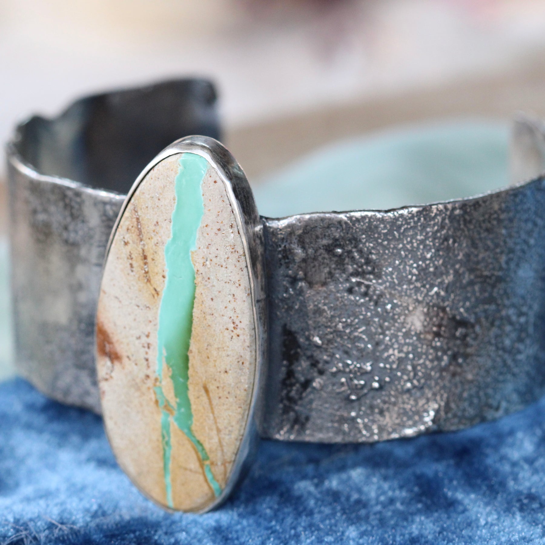 Royston Ribbon Turquoise Cuff Bracelet Reticulated Sterling Silver with Sculpted Heart