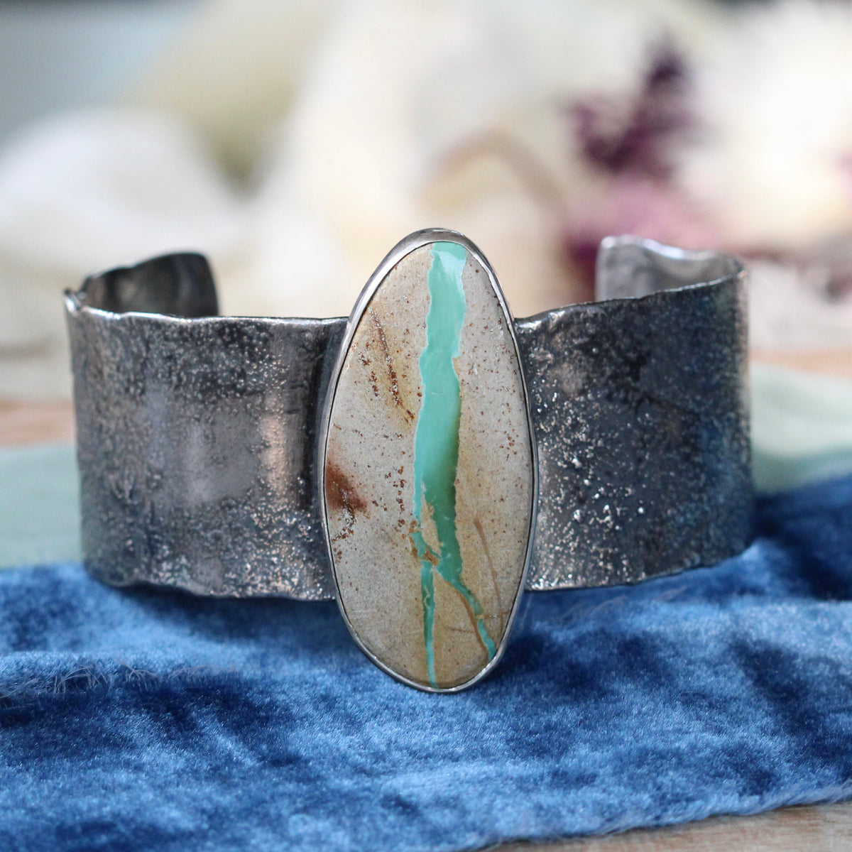 Royston Ribbon Turquoise Cuff Bracelet Reticulated Sterling Silver with Sculpted Heart