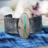 Royston Ribbon Turquoise Cuff Bracelet Reticulated Sterling Silver with Sculpted Heart