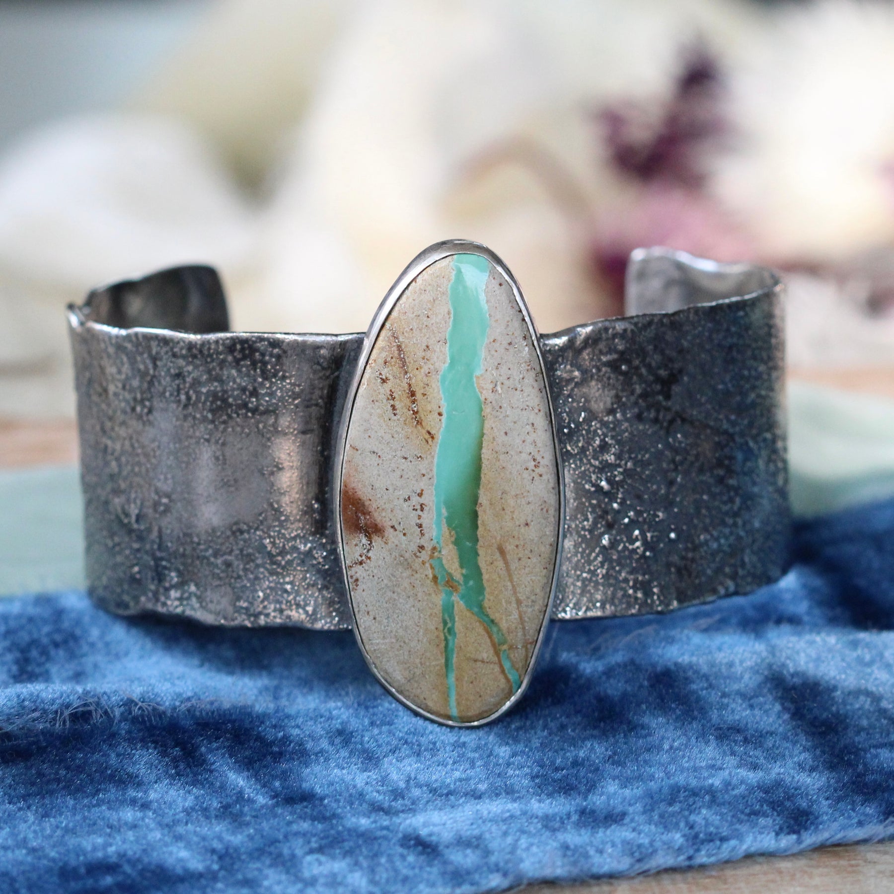 Royston Ribbon Turquoise Cuff Bracelet Reticulated Sterling Silver with Sculpted Heart
