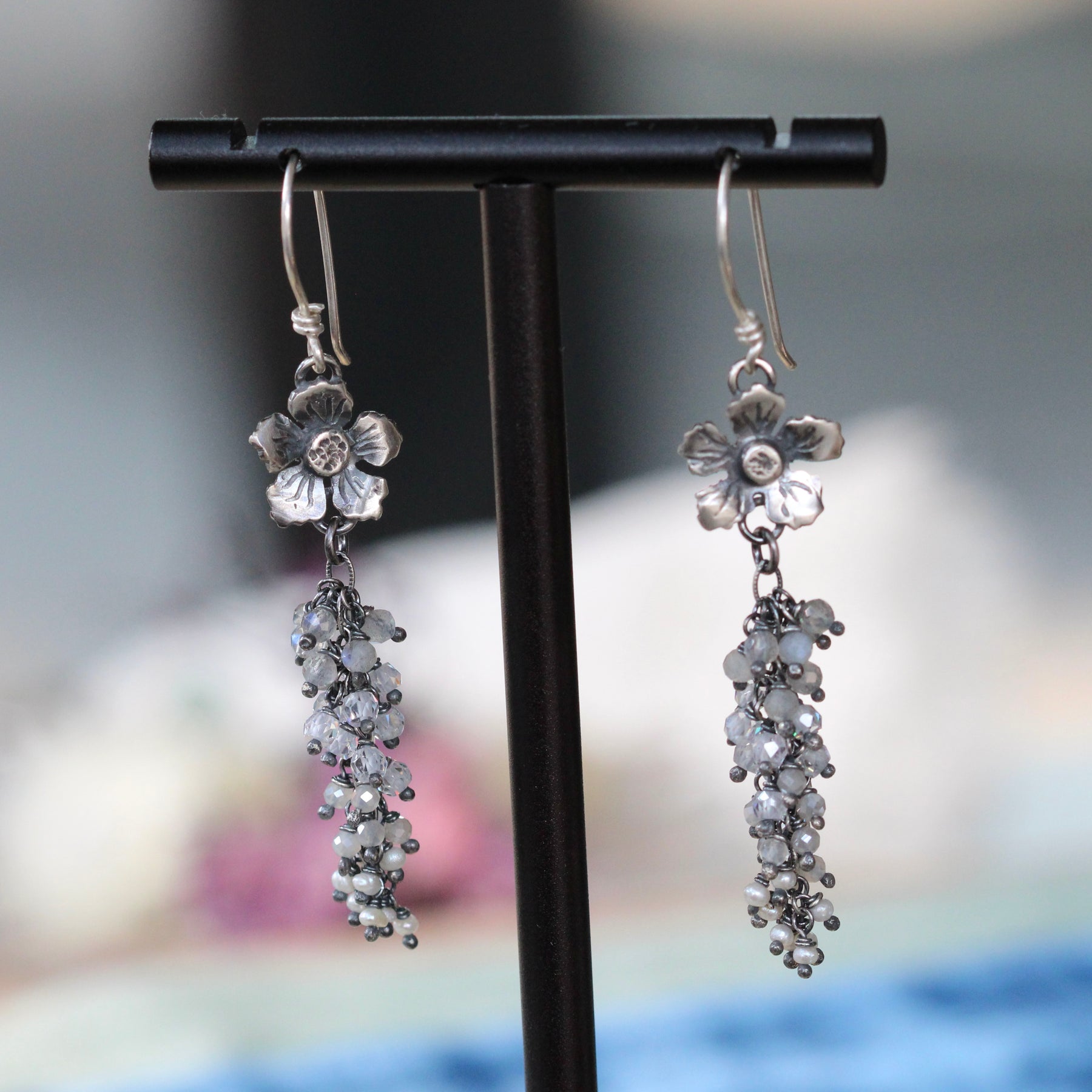 Sterling Silver Blossom Earrings with Labradorite, Moonstone, CZ & Pearls