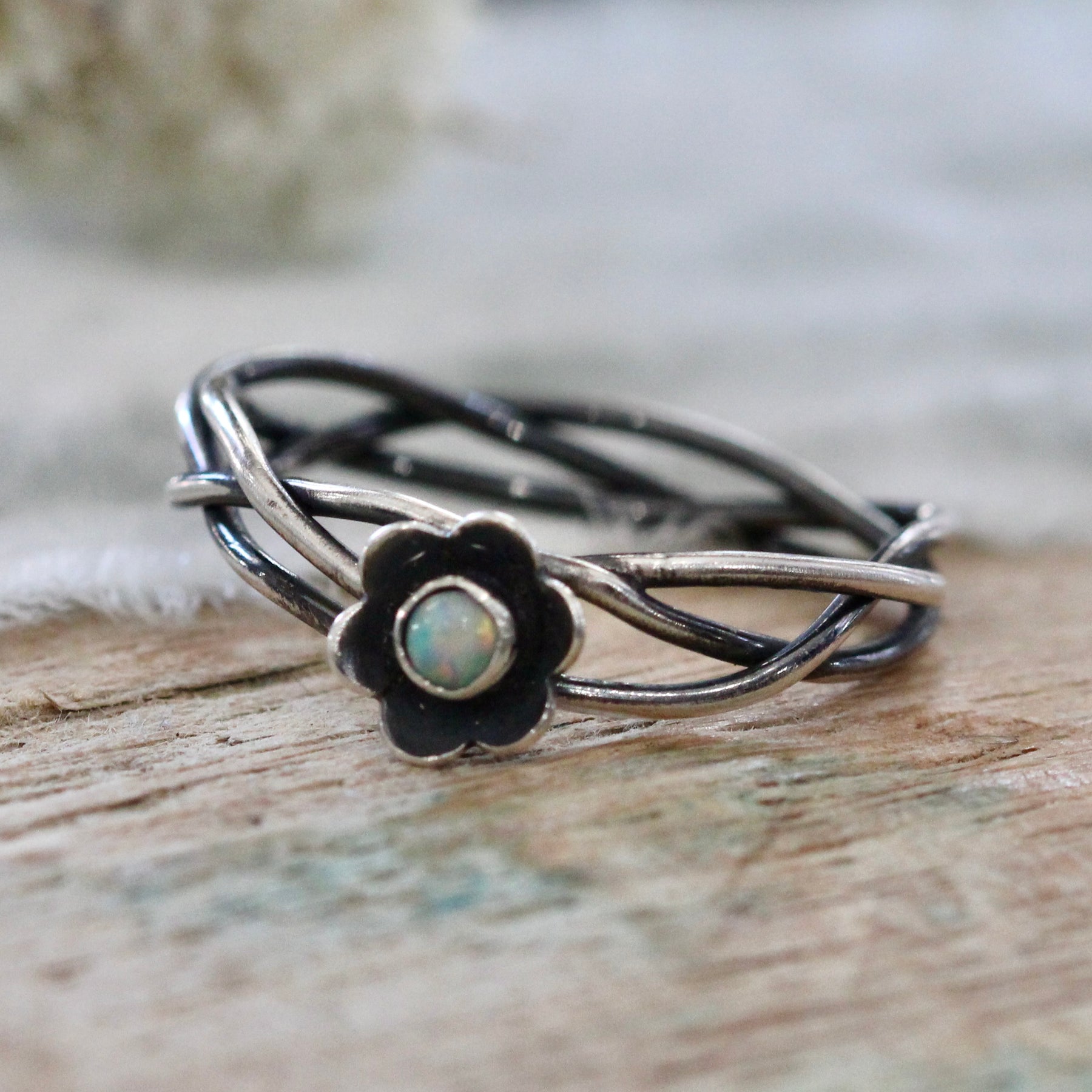 Kindred Woven Sterling Silver Ring with Flower and Birthstone