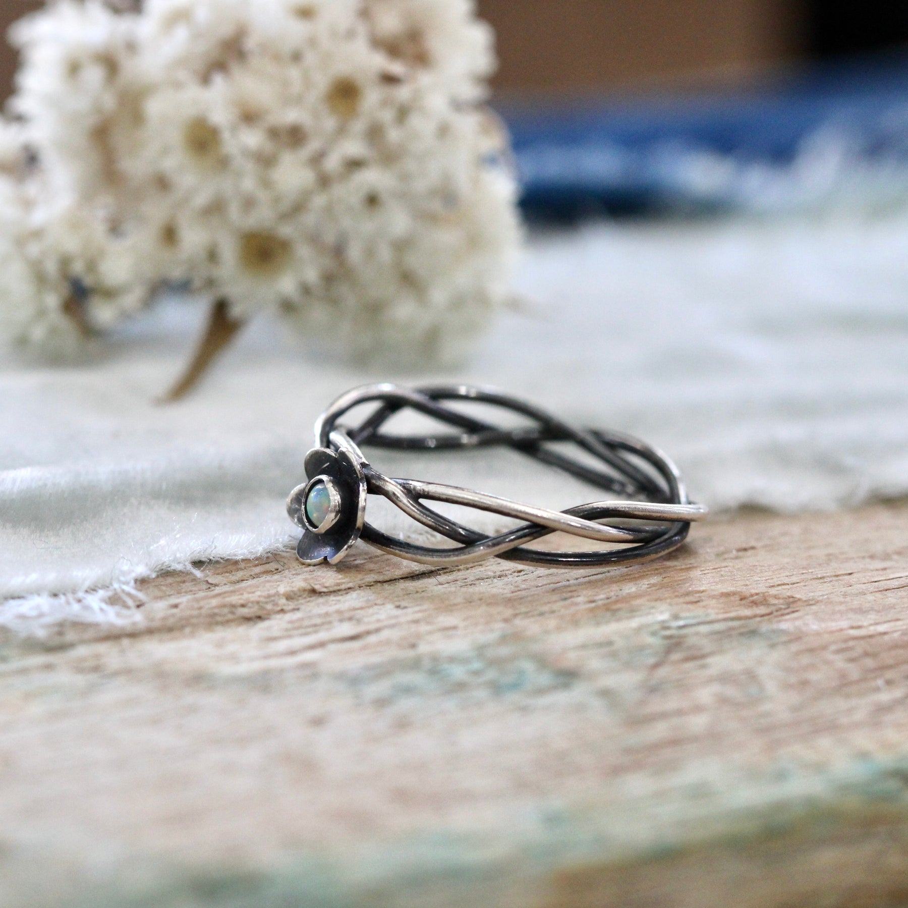 Kindred Woven Sterling Silver Ring with Flower and Birthstone