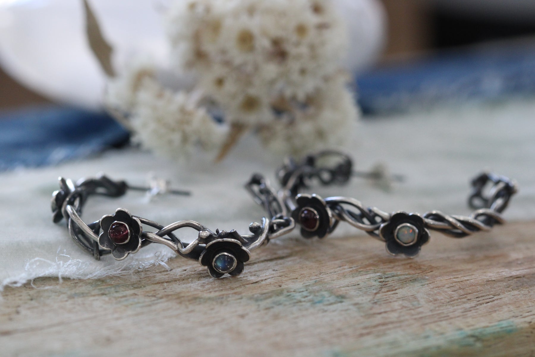 Kindred Woven Sterling Silver Hoop Earrings with Flowers and Gemstones