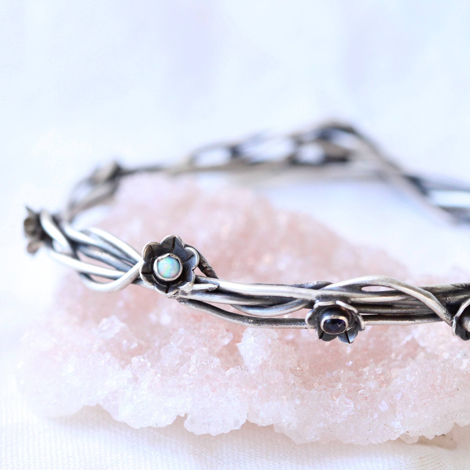 Kindred Bangle Woven Sterling Silver and Flowers with Birthstones