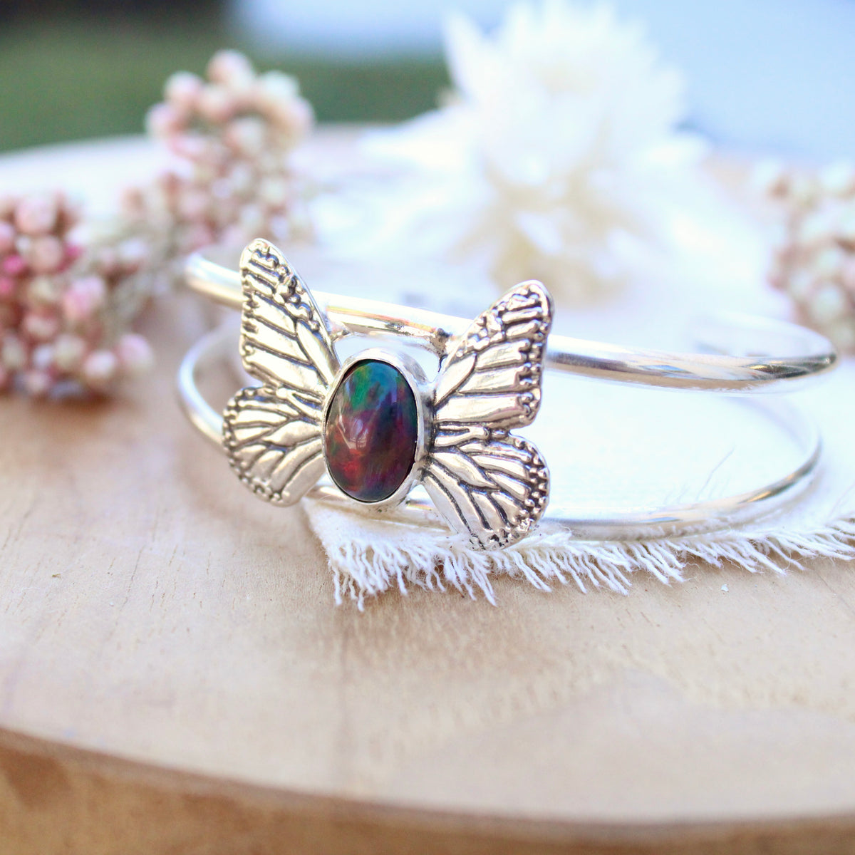 Monarch Butterfly With Black Opal Cuff Bracelet