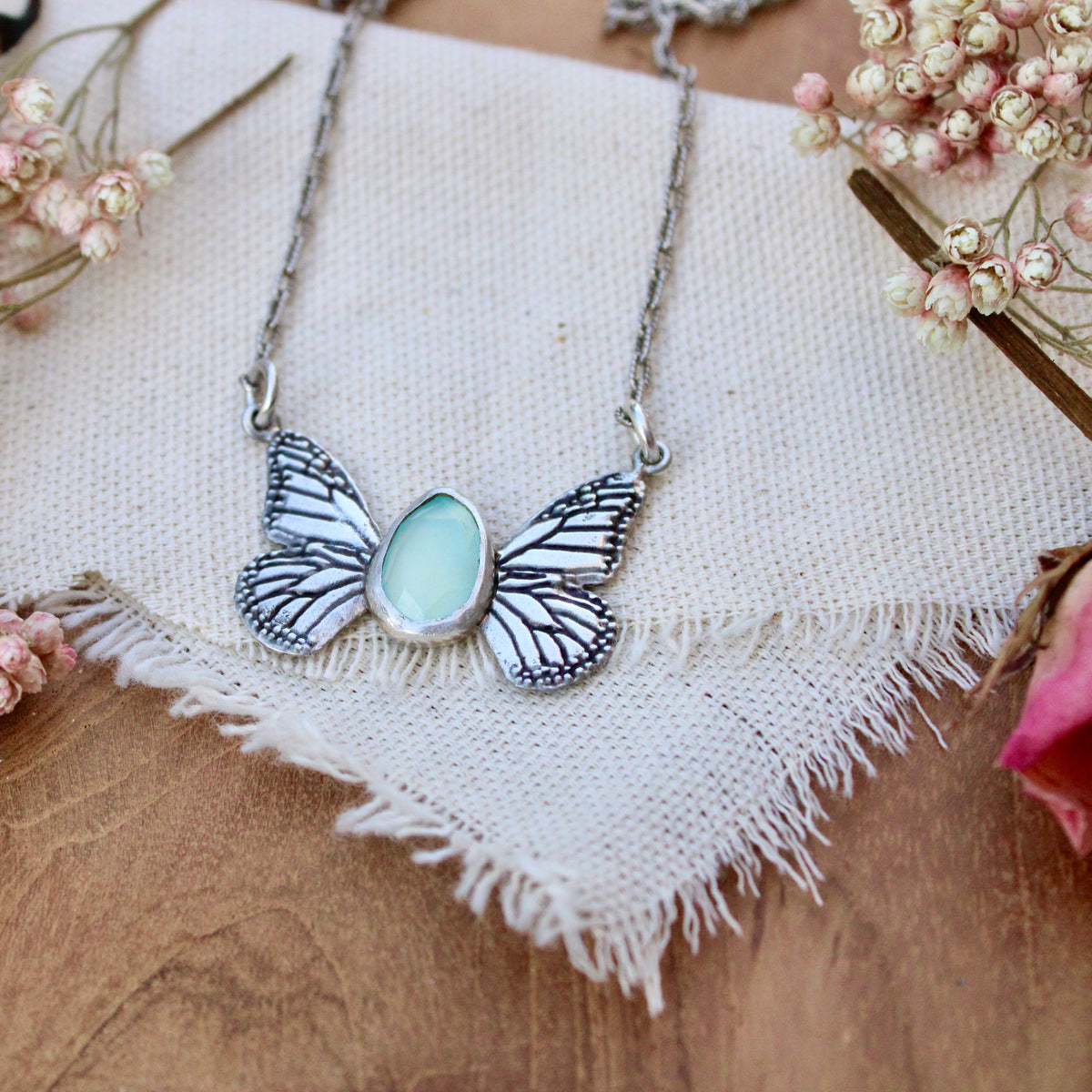 Monarch Butterfly Aqua Chalcedony And Sterling Silver Necklace