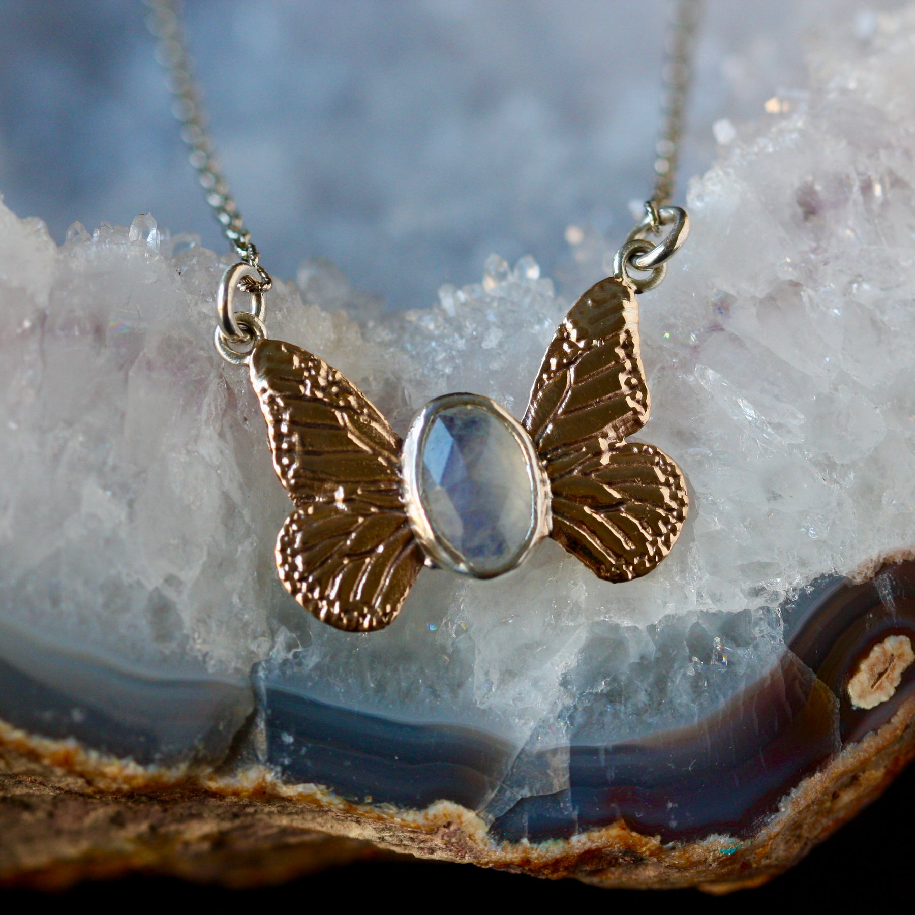 Monarch Butterfly Moonstone Bronze And Sterling Silver Necklace