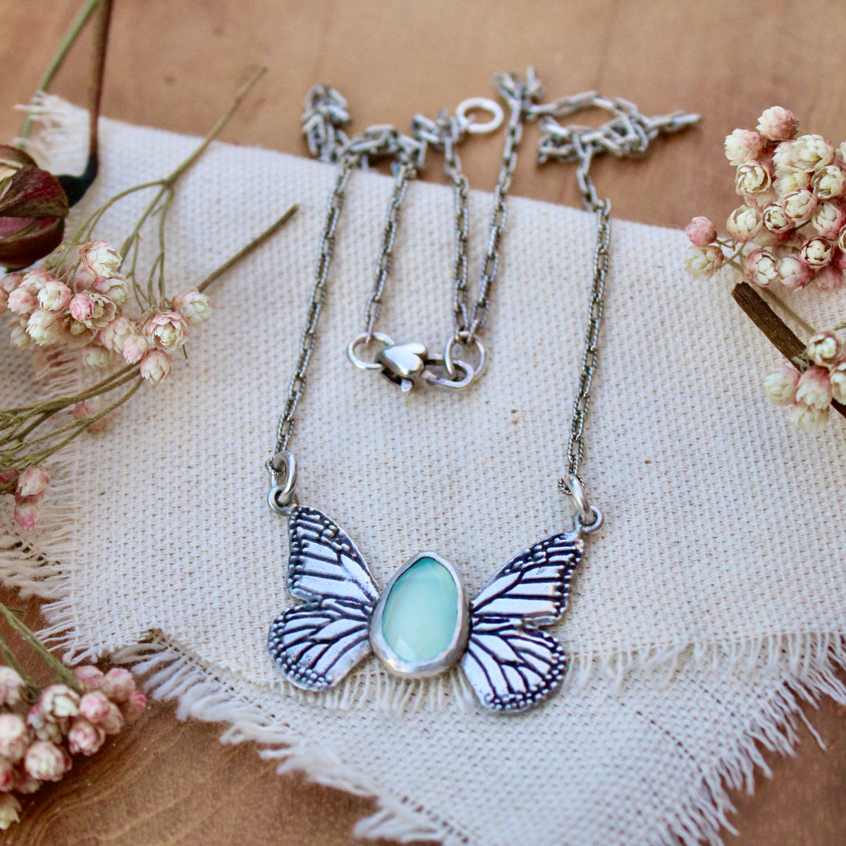 Monarch Butterfly Aqua Chalcedony And Sterling Silver Necklace