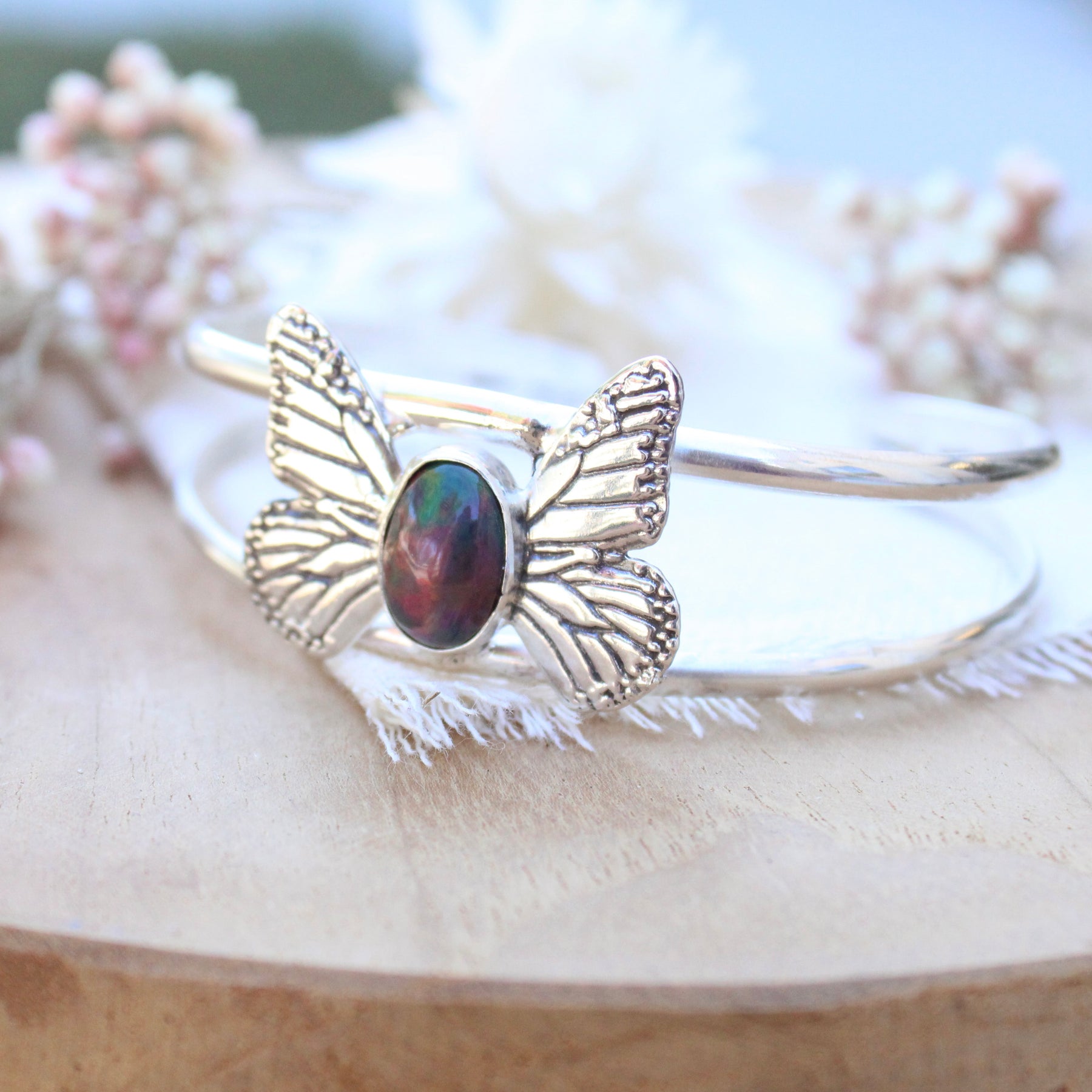 Monarch Butterfly With Black Opal Cuff Bracelet