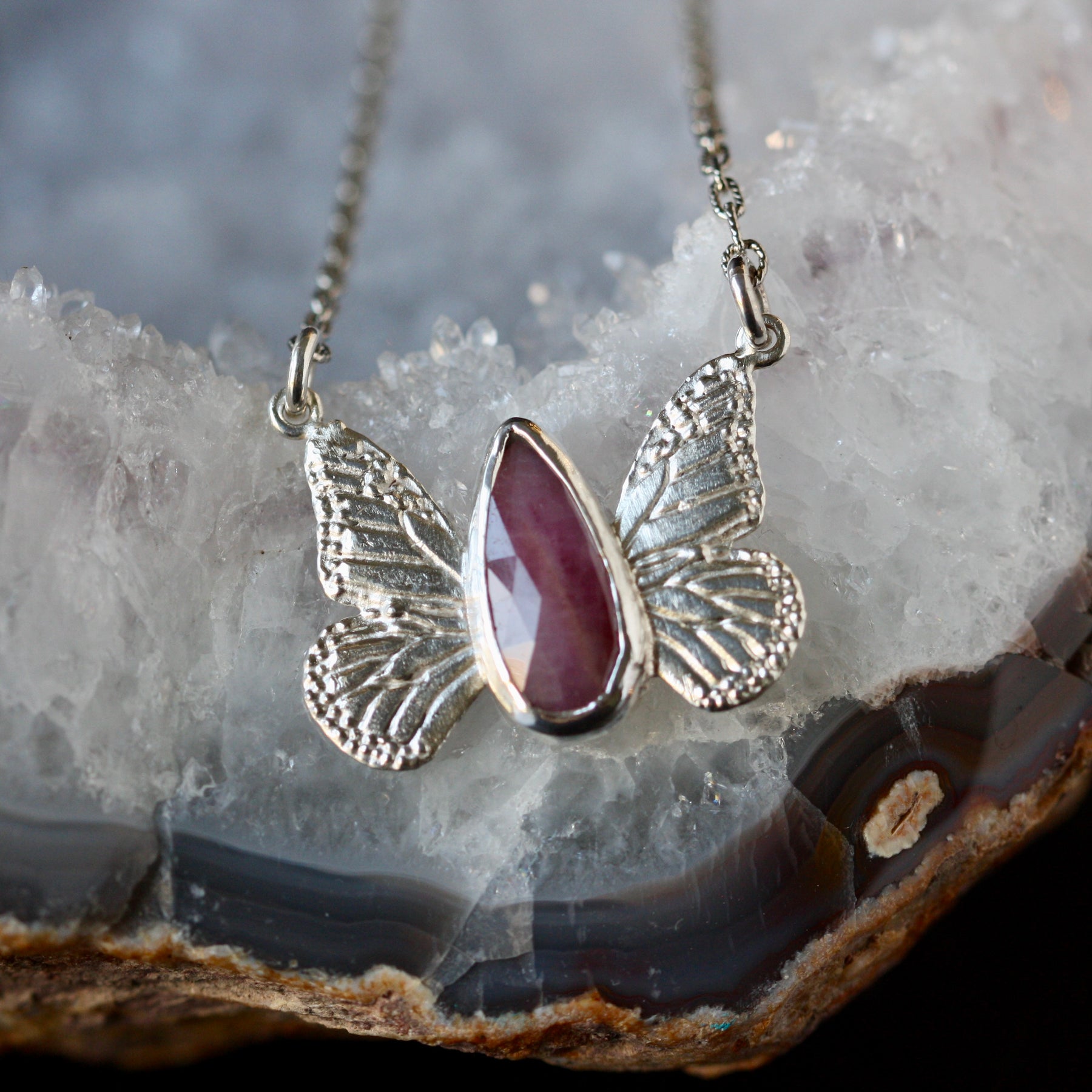 Monarch Butterfly Ruby and Sterling Silver Necklace