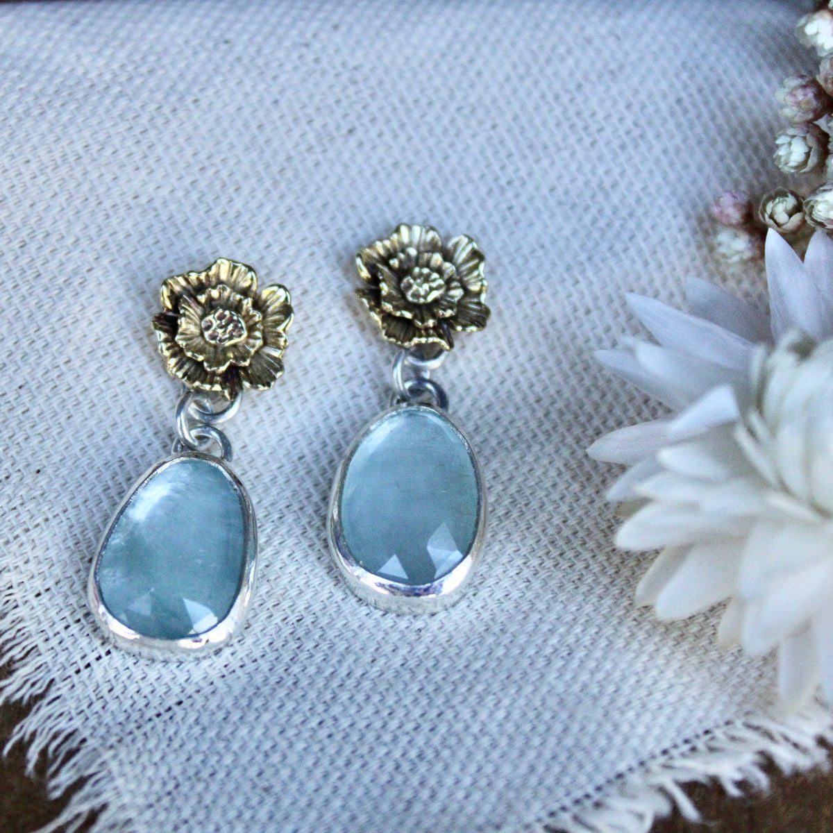 Summer Poppy with Aquamarine Bronze and Silver Post Earrings