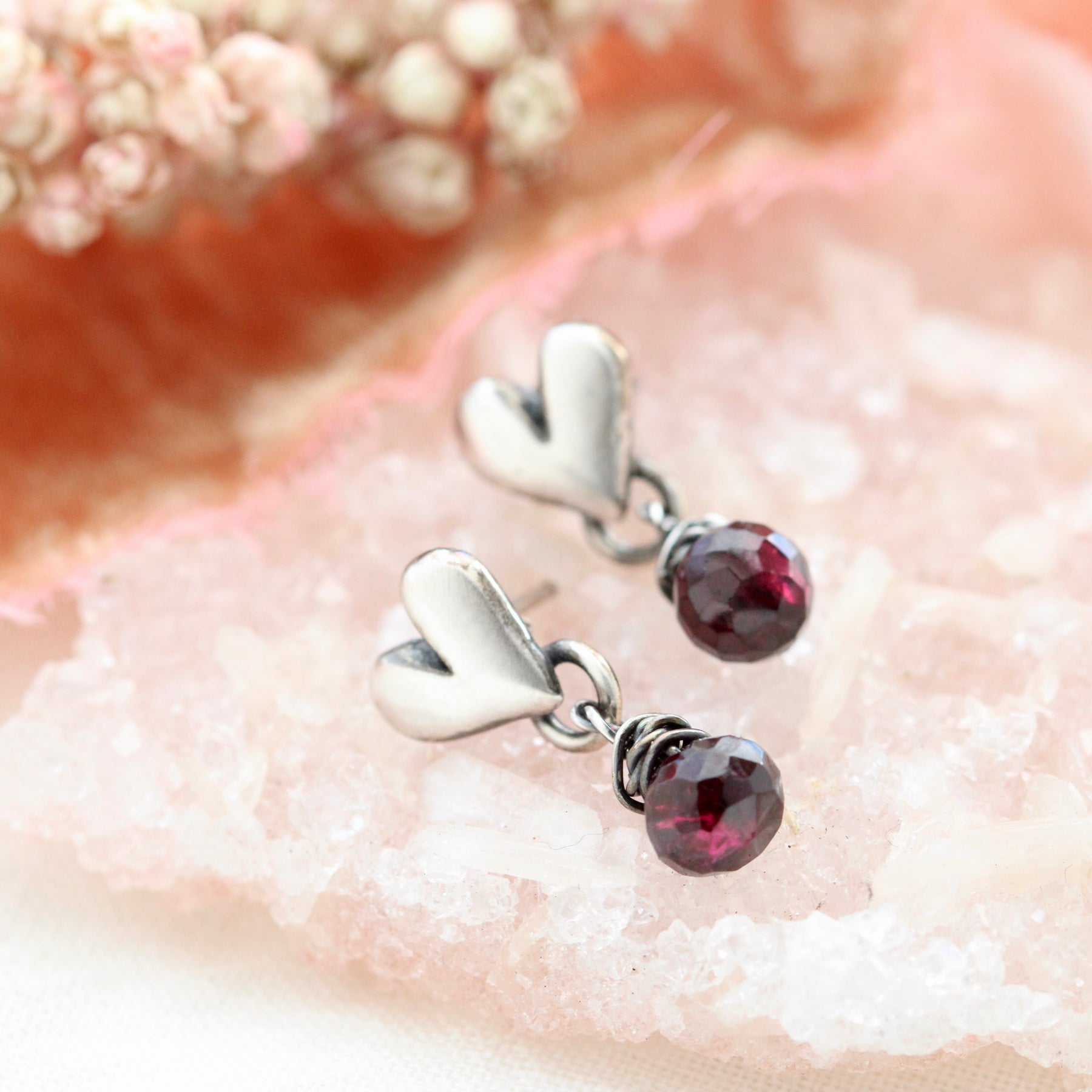 LOVE NOTES Sculpted Heart Garnet Drop Post Earrings