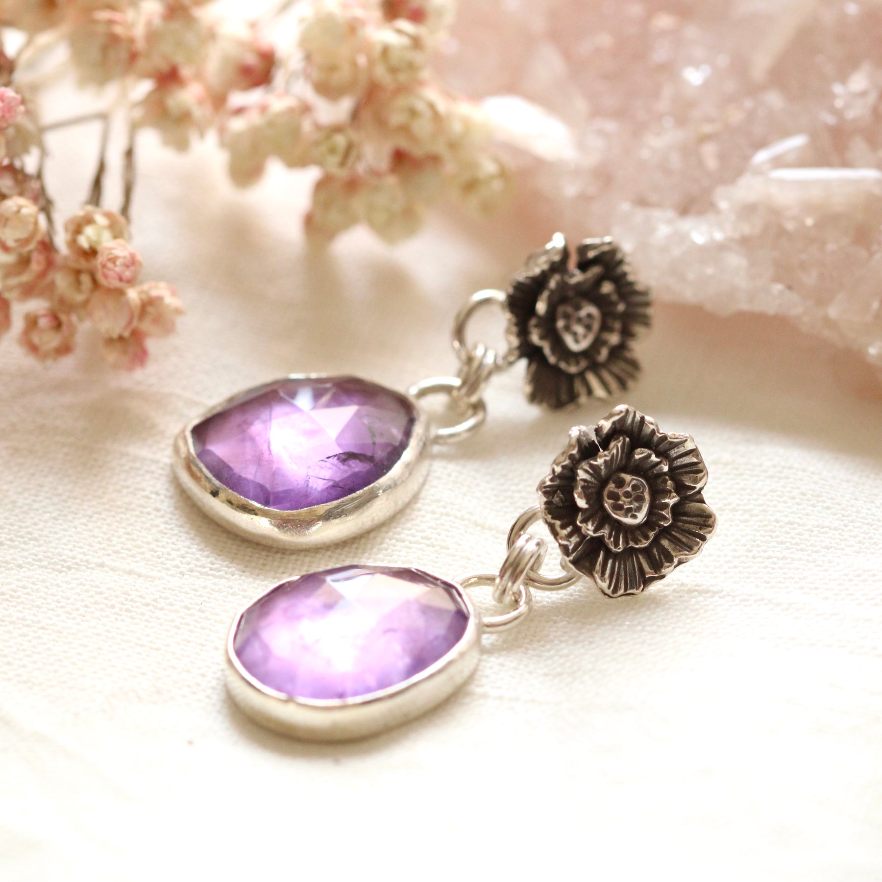 Summer Poppy with Amethyst Sterling Silver Post Earrings