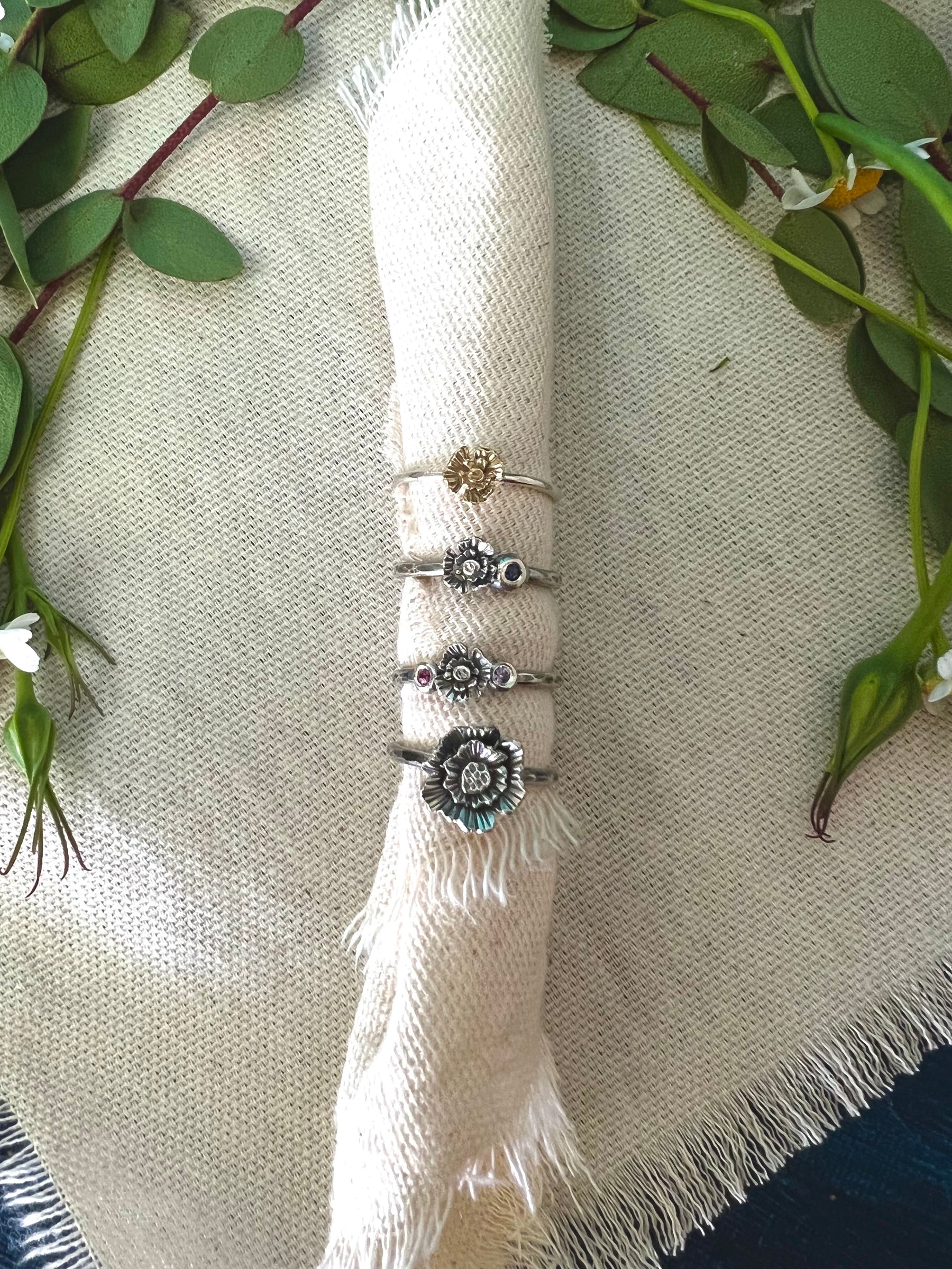 Summer Poppy Birthstone Silver Ring