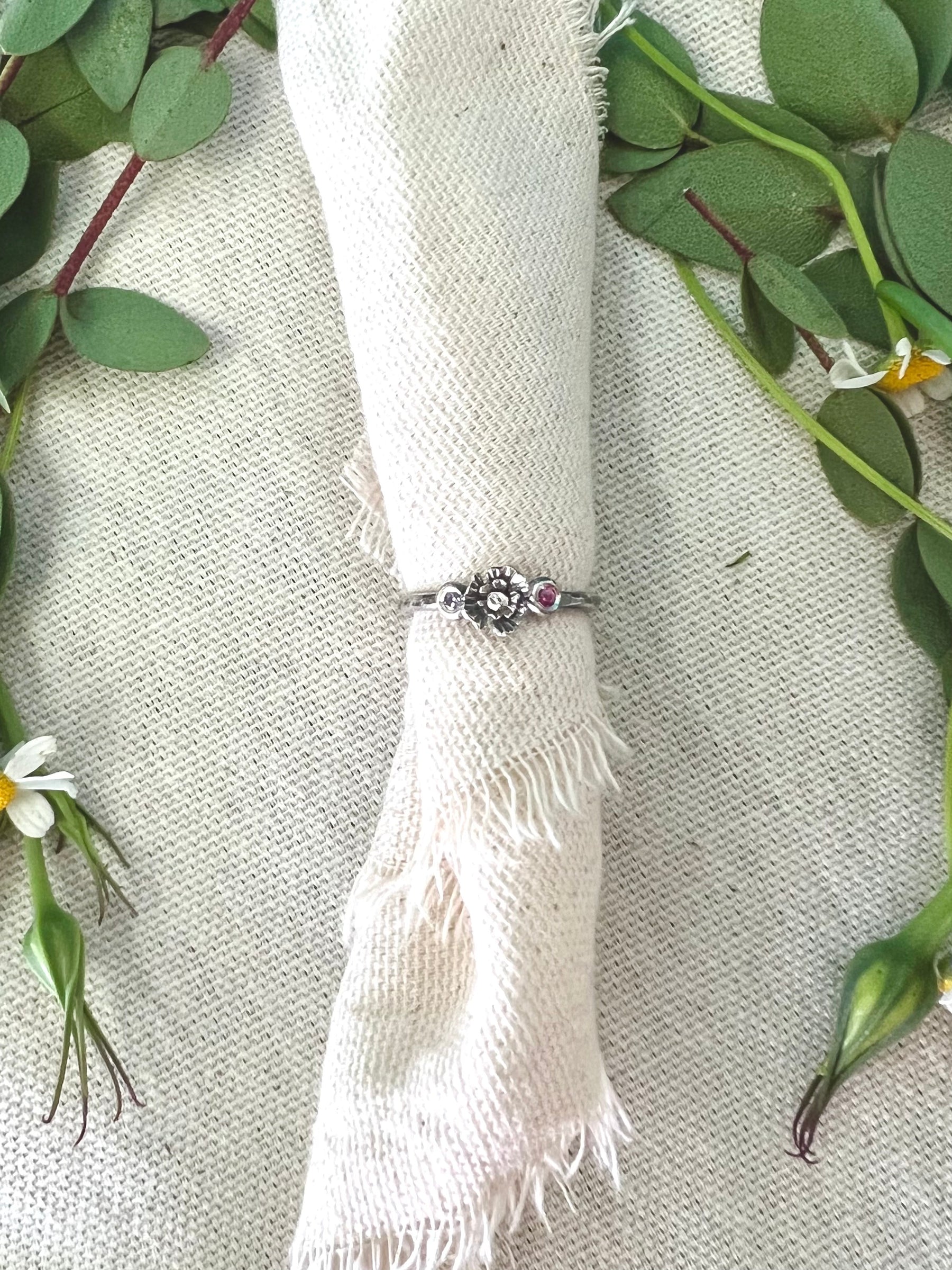 Summer Poppy Birthstone Silver Ring