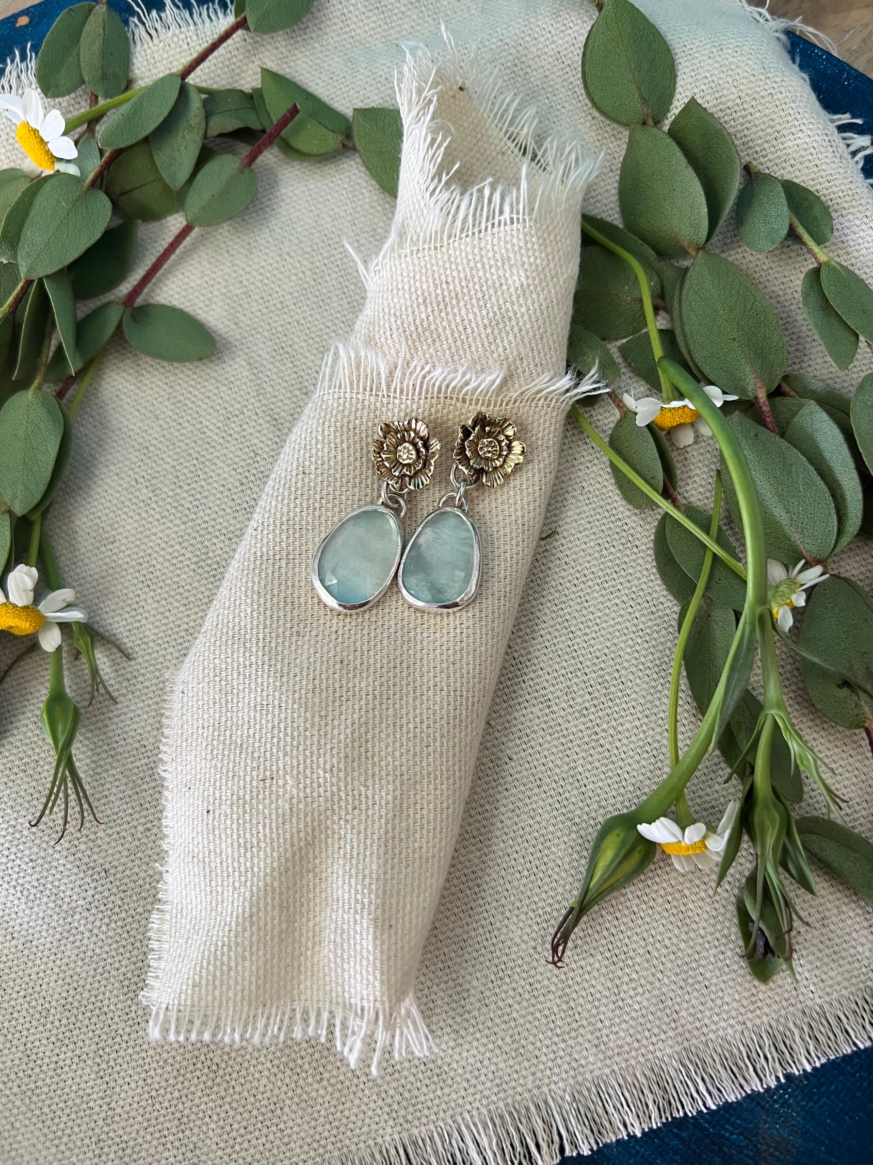 Summer Poppy with Aquamarine Bronze and Silver Post Earrings