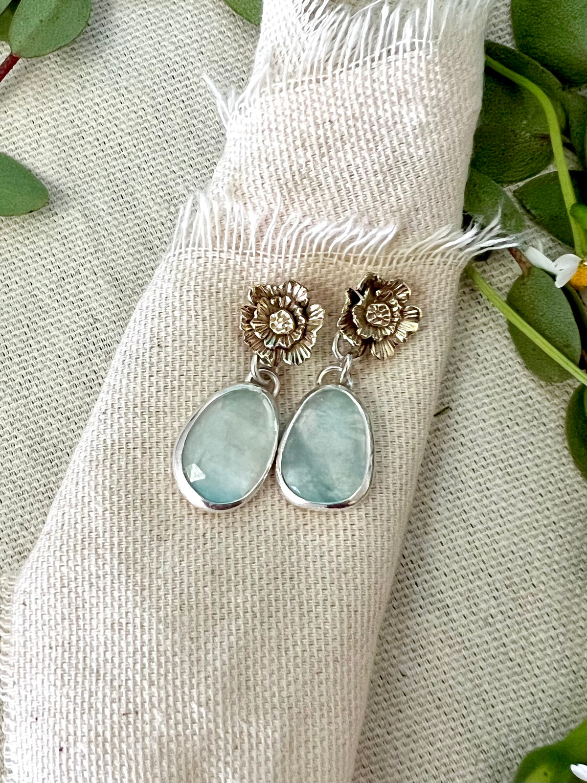 Clearance Sale Summer Poppy with Aquamarine Bronze and Silver Post Earrings