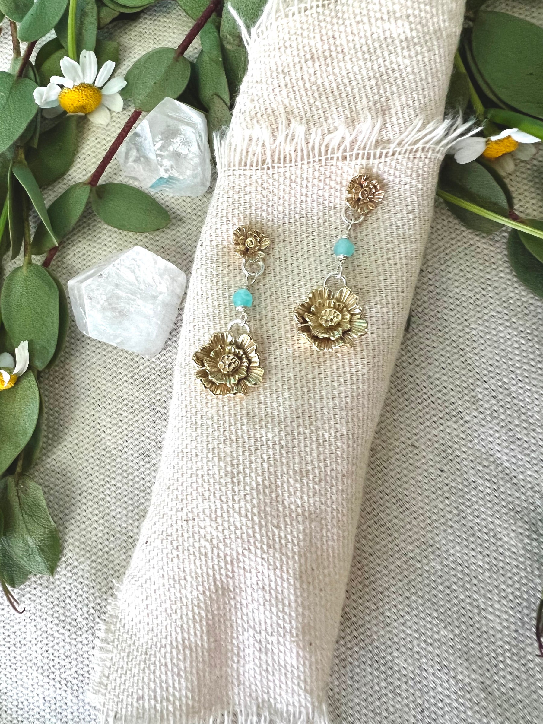 Summer Poppies Bronze Post Earrings With Amazonite