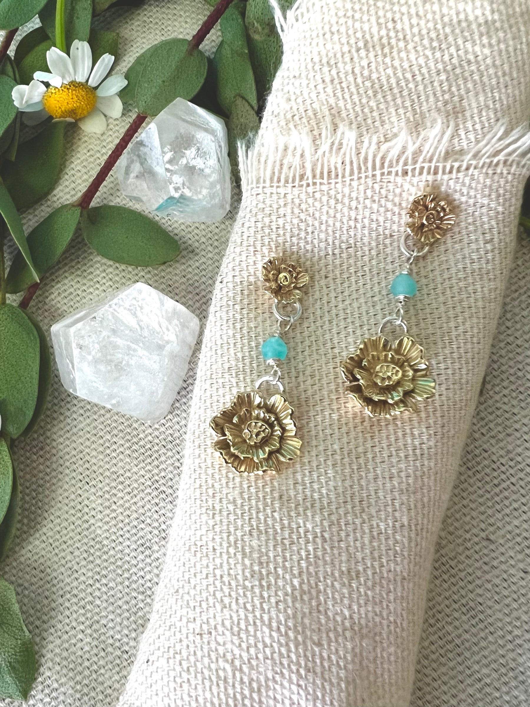 Summer Poppies Bronze Post Earrings With Amazonite