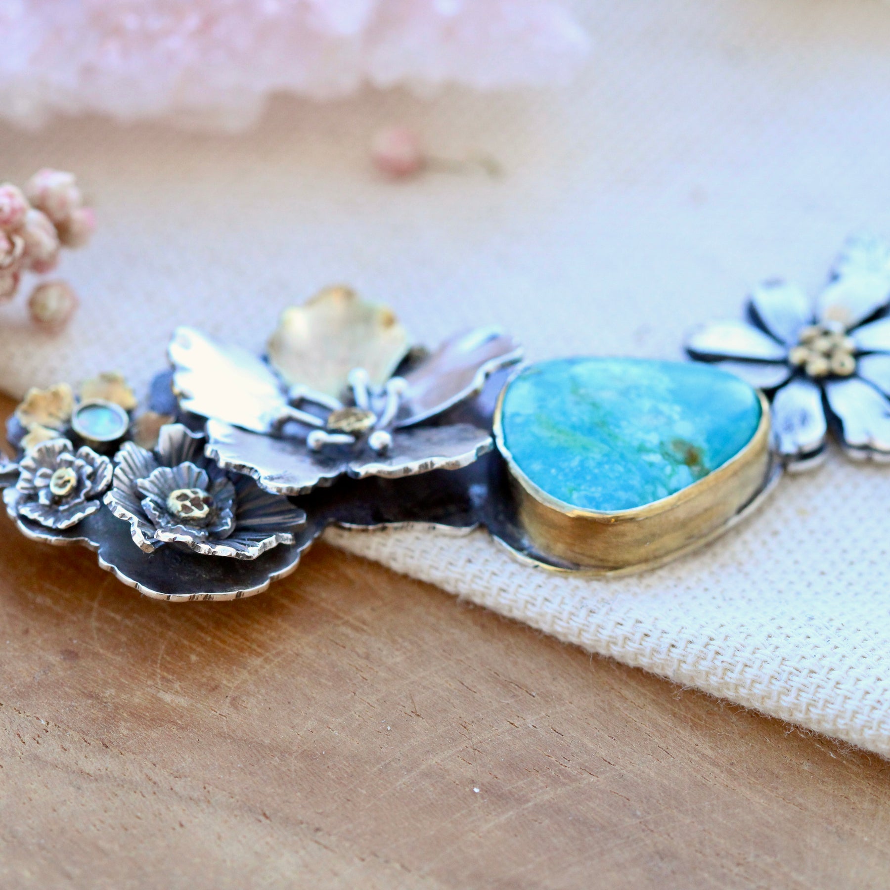 Turquoise floral statement necklace with 18k gold accents