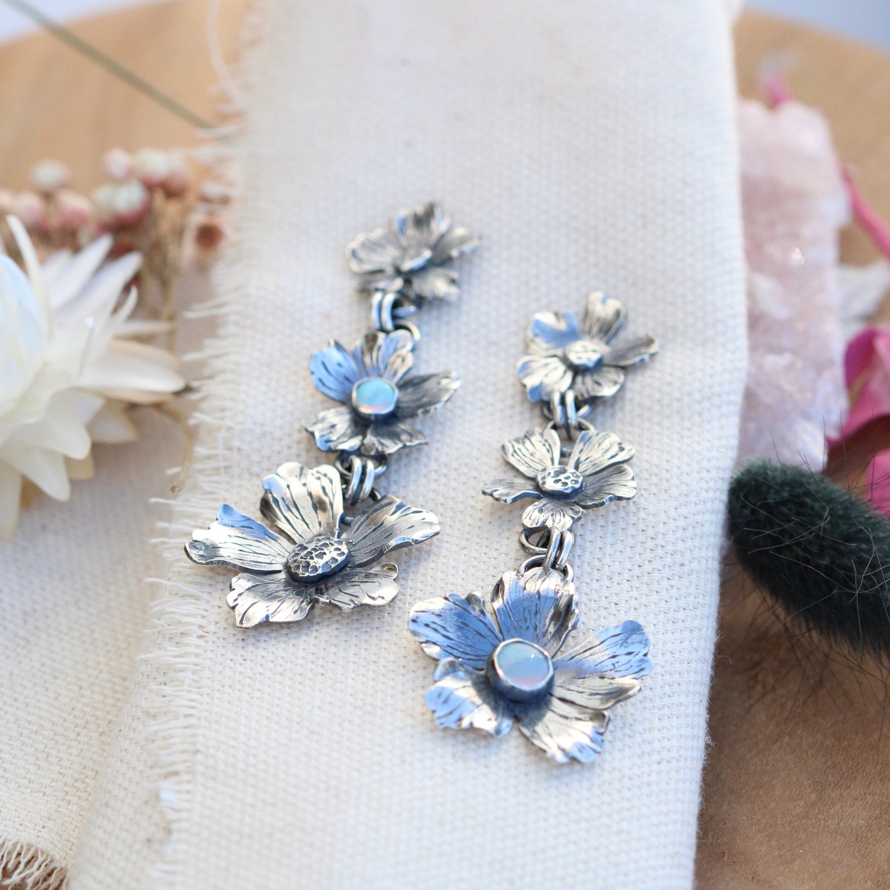 Flower blossom and opal sterling silver statement earrings