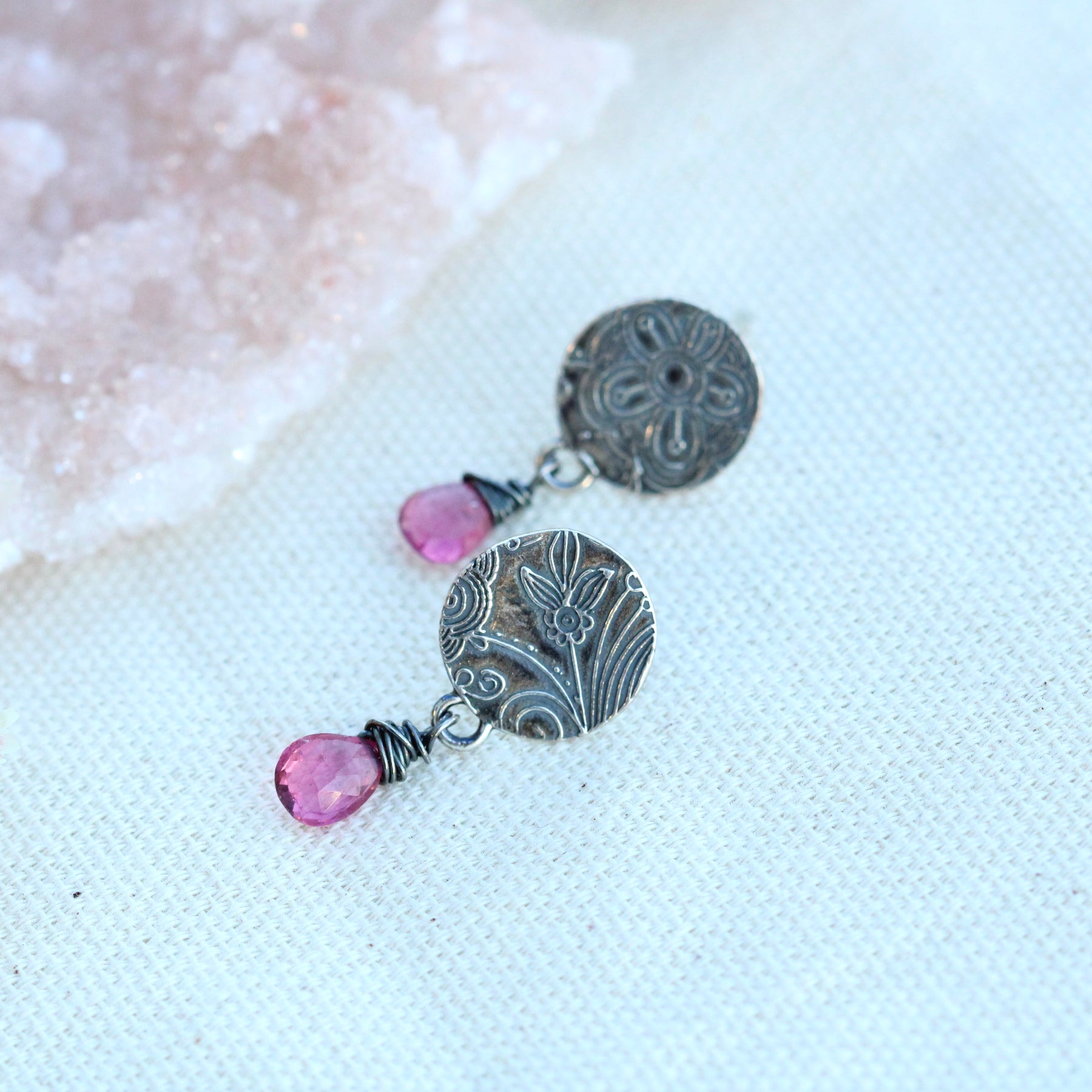 Pink Tourmaline and sterling silver Midnight Garden post earrings