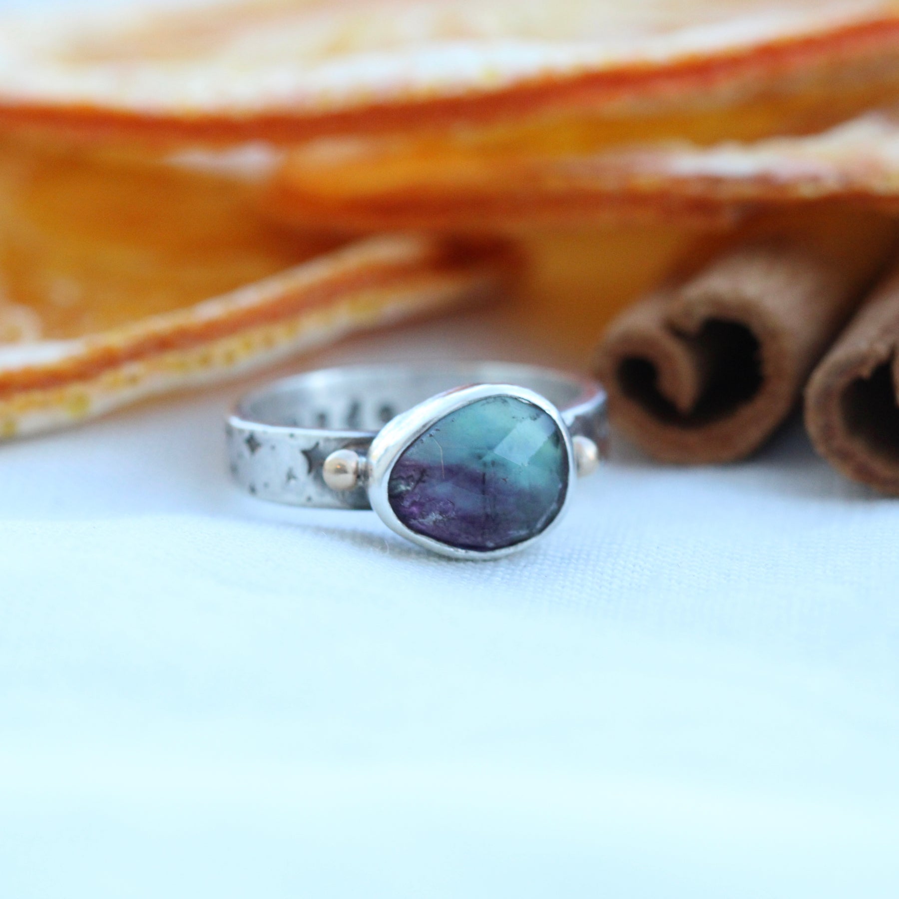 You are Made of Stardust sterling silver ring with Fluorite