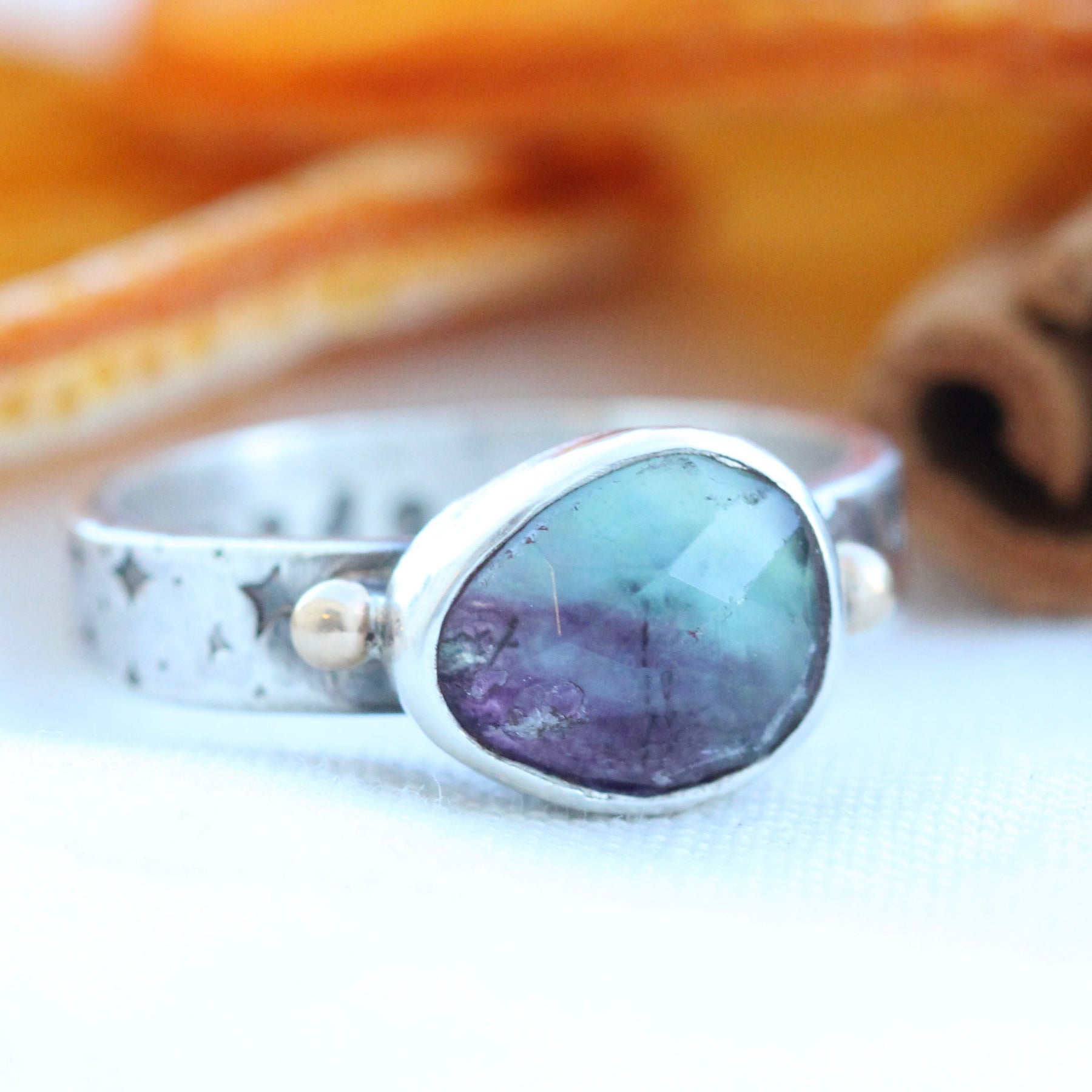 You are Made of Stardust sterling silver ring with Fluorite