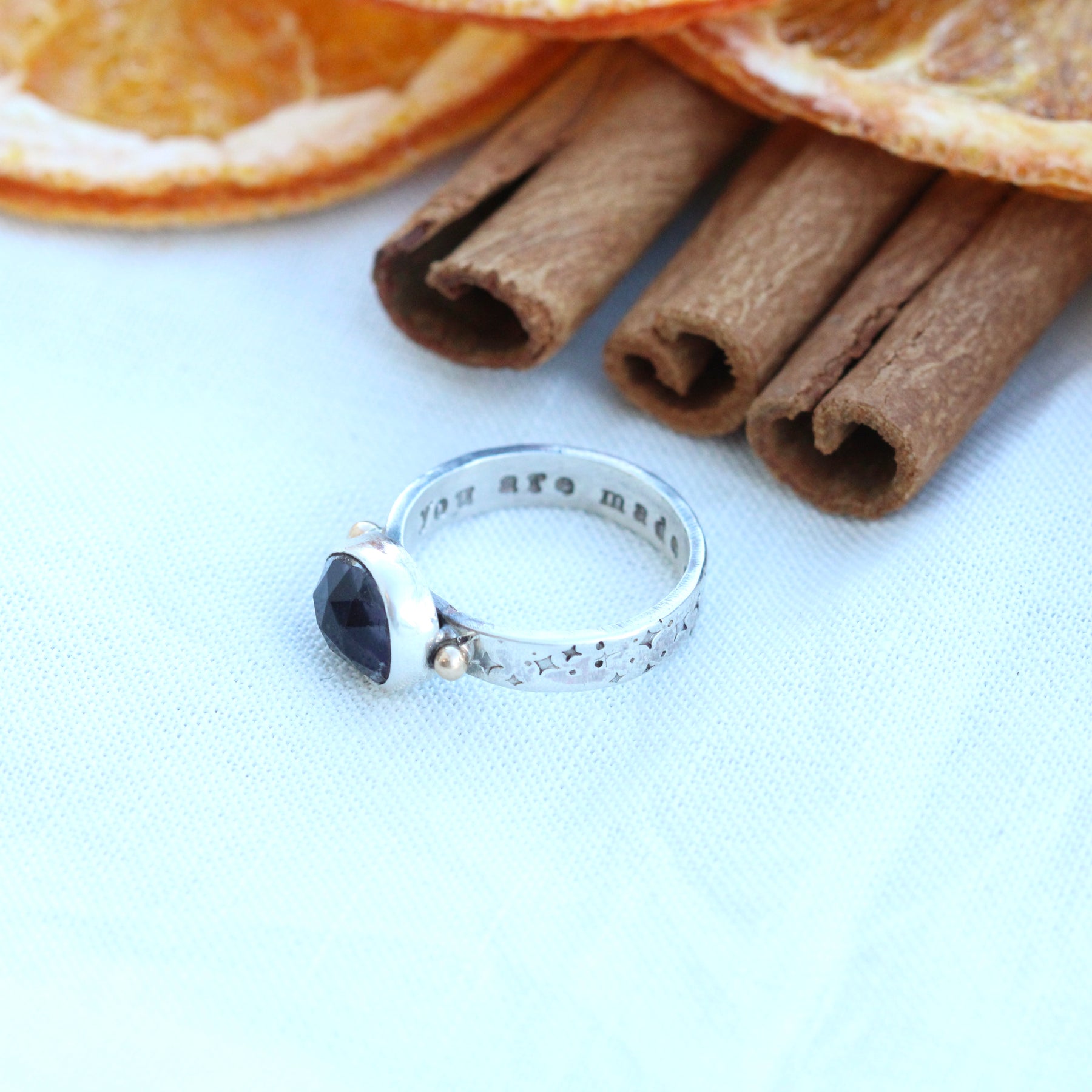 You are Made of Stardust sterling silver ring with Fluorite
