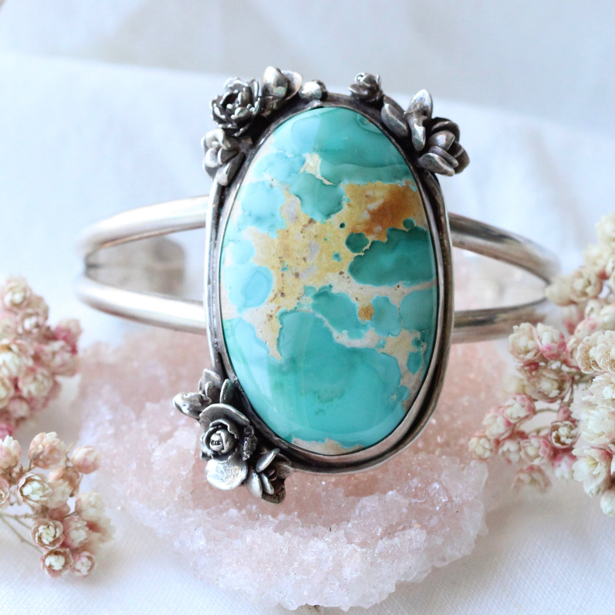 CLEARANCE SAMPLE SALE Roystone Turquoise sterling and floral cuff bracelet