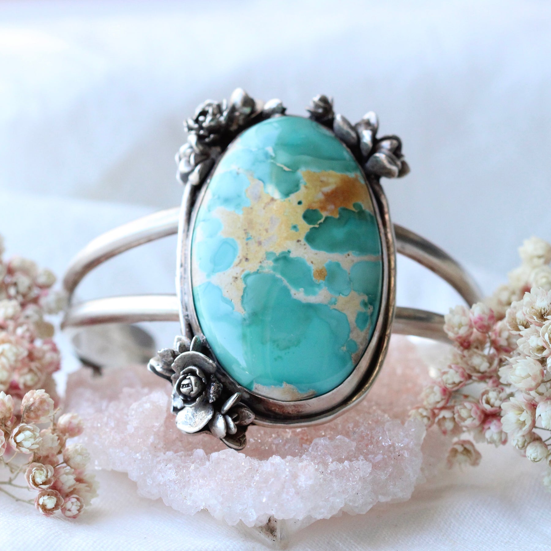 Roystone Turquoise sterling and floral cuff bracelet