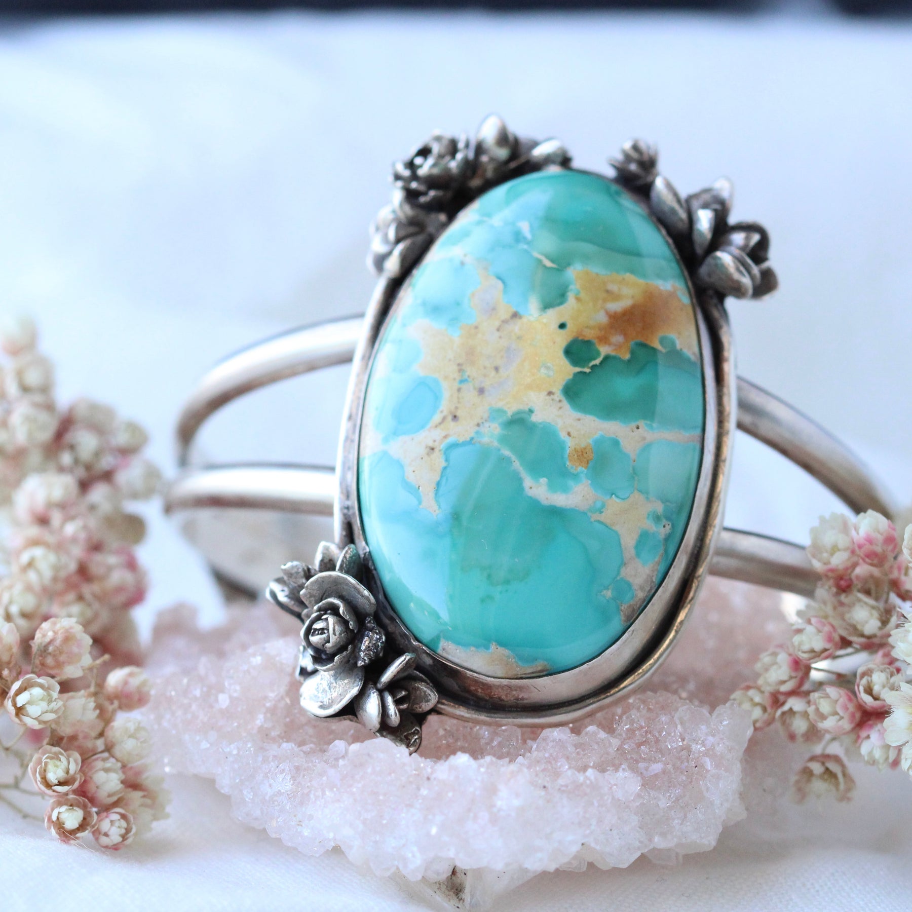 Roystone Turquoise sterling and floral cuff bracelet