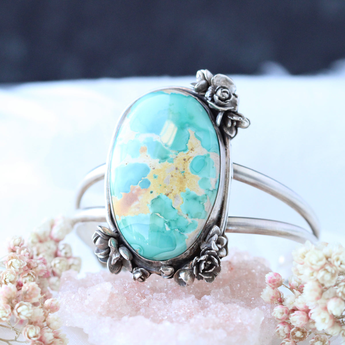 CLEARANCE SAMPLE SALE Roystone Turquoise sterling and floral cuff bracelet