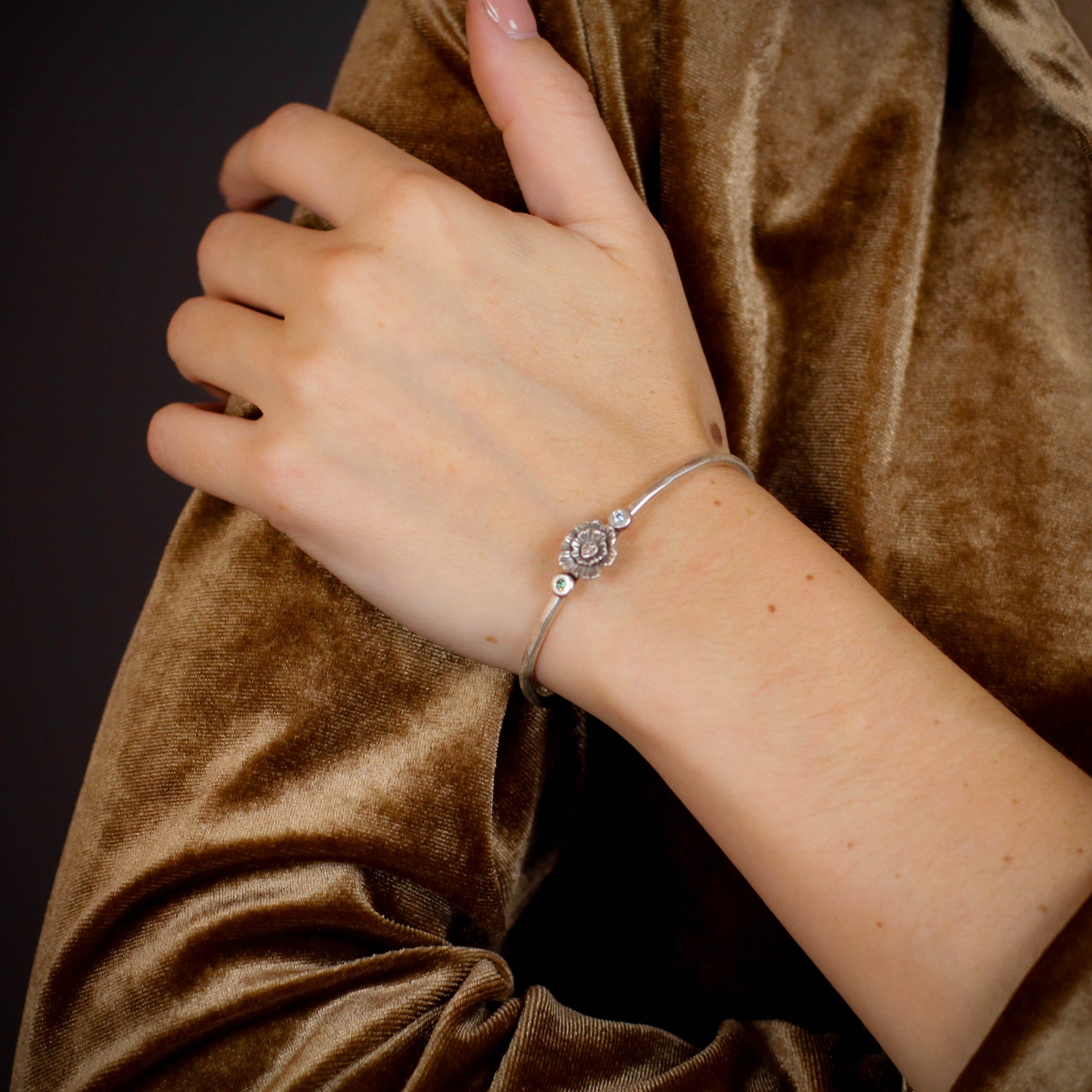 Summer Poppy Birthstone Silver Cuff Bracelet