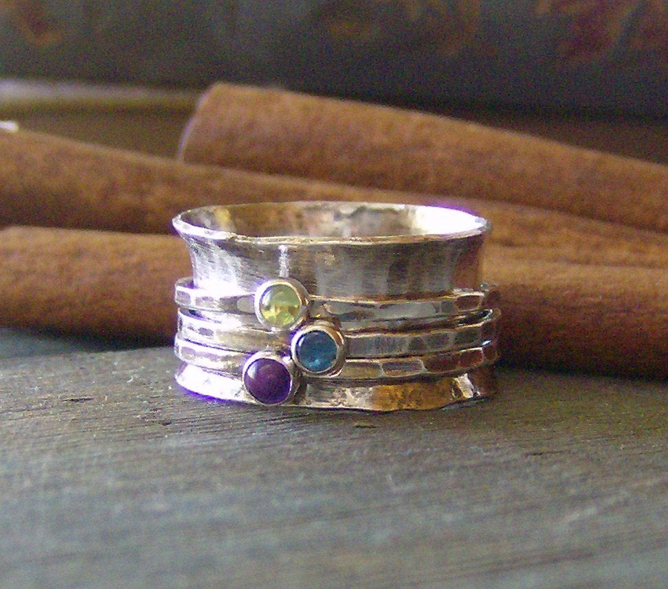 Silver Stamped Birthstone Spinner Ring