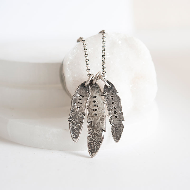 Warrior Heart Silver Feather Trio Necklace