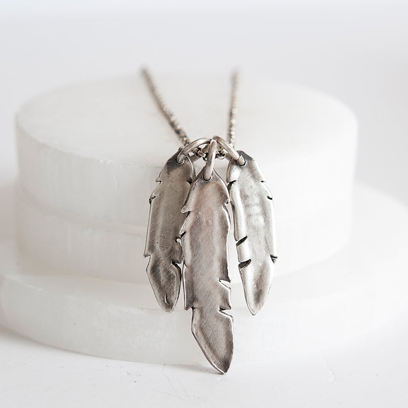 Warrior Heart Silver Feather Trio Necklace