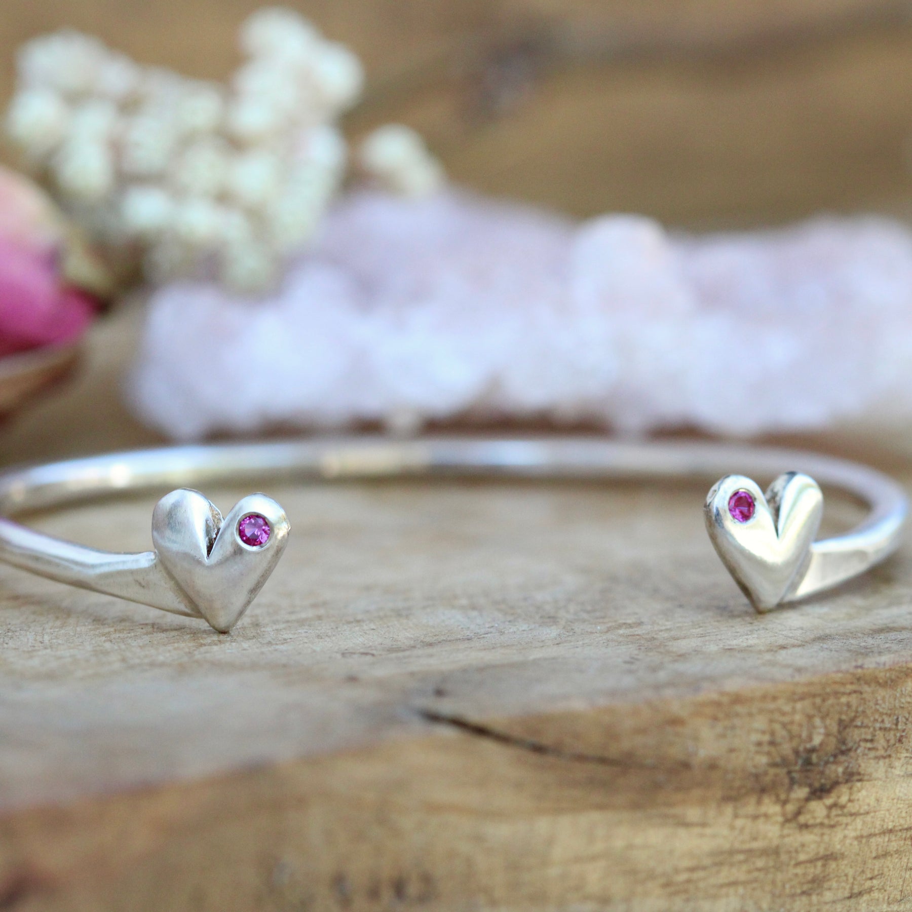 Mi Amor - Birthstone Heart Sterling Silver Stacking Cuff Bracelet