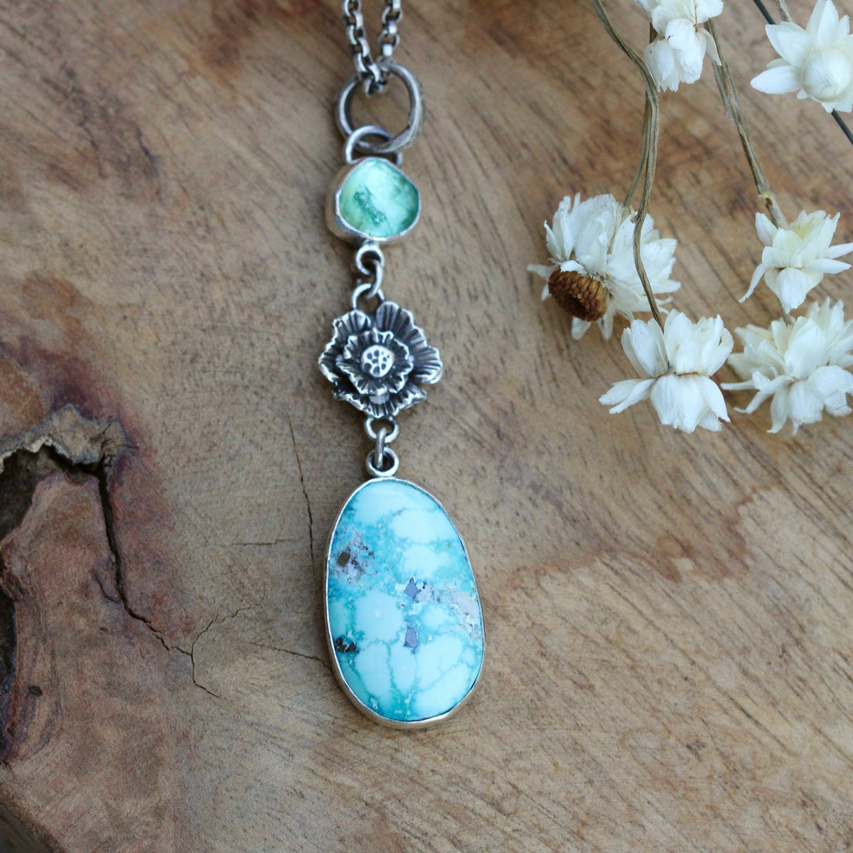 Wildflower Wanderings Turquoise apatite and poppy sterling silver necklace